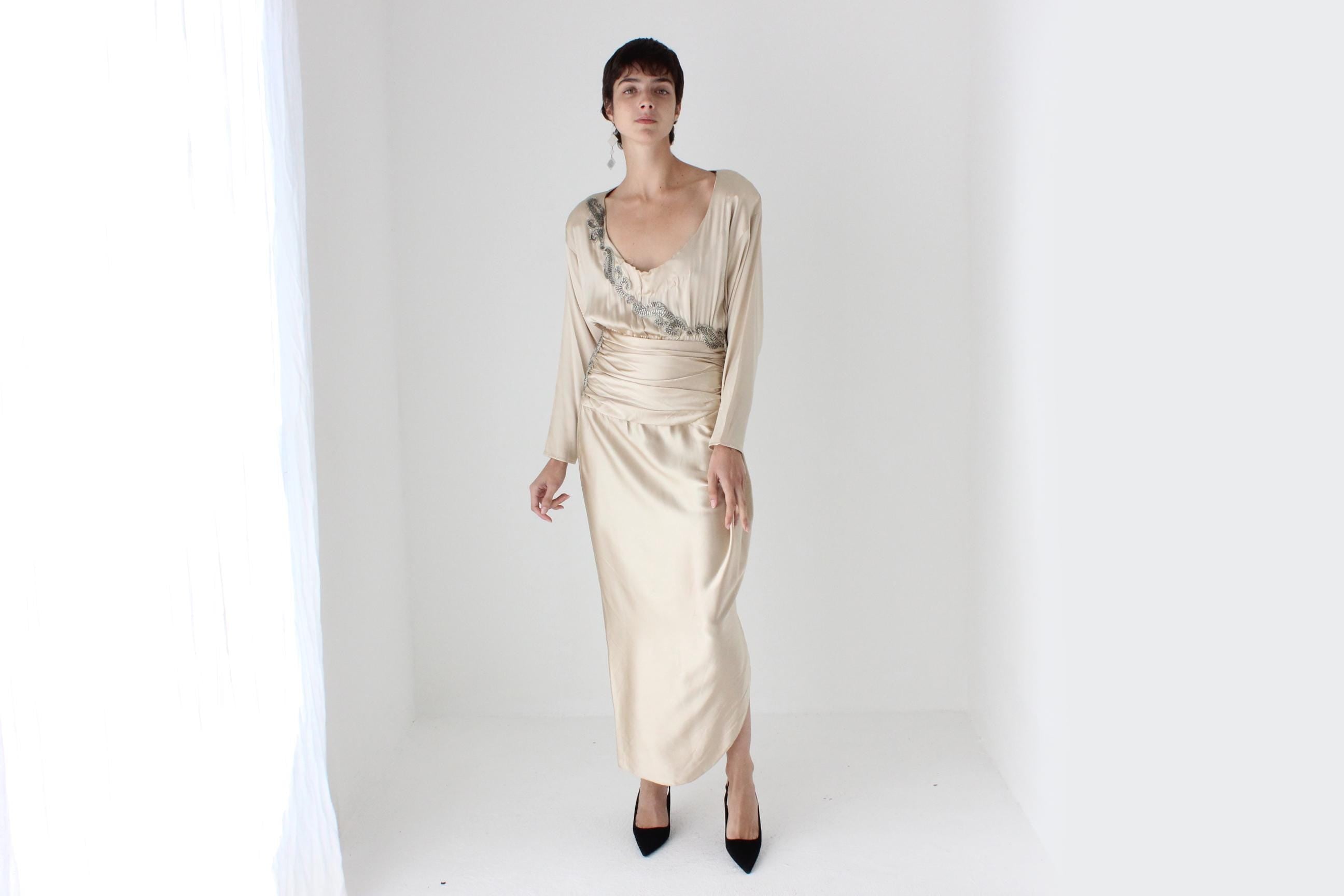 80s Liancarlo x Lillie Rubin Beaded Pure Silk Draped Cocktail Dress