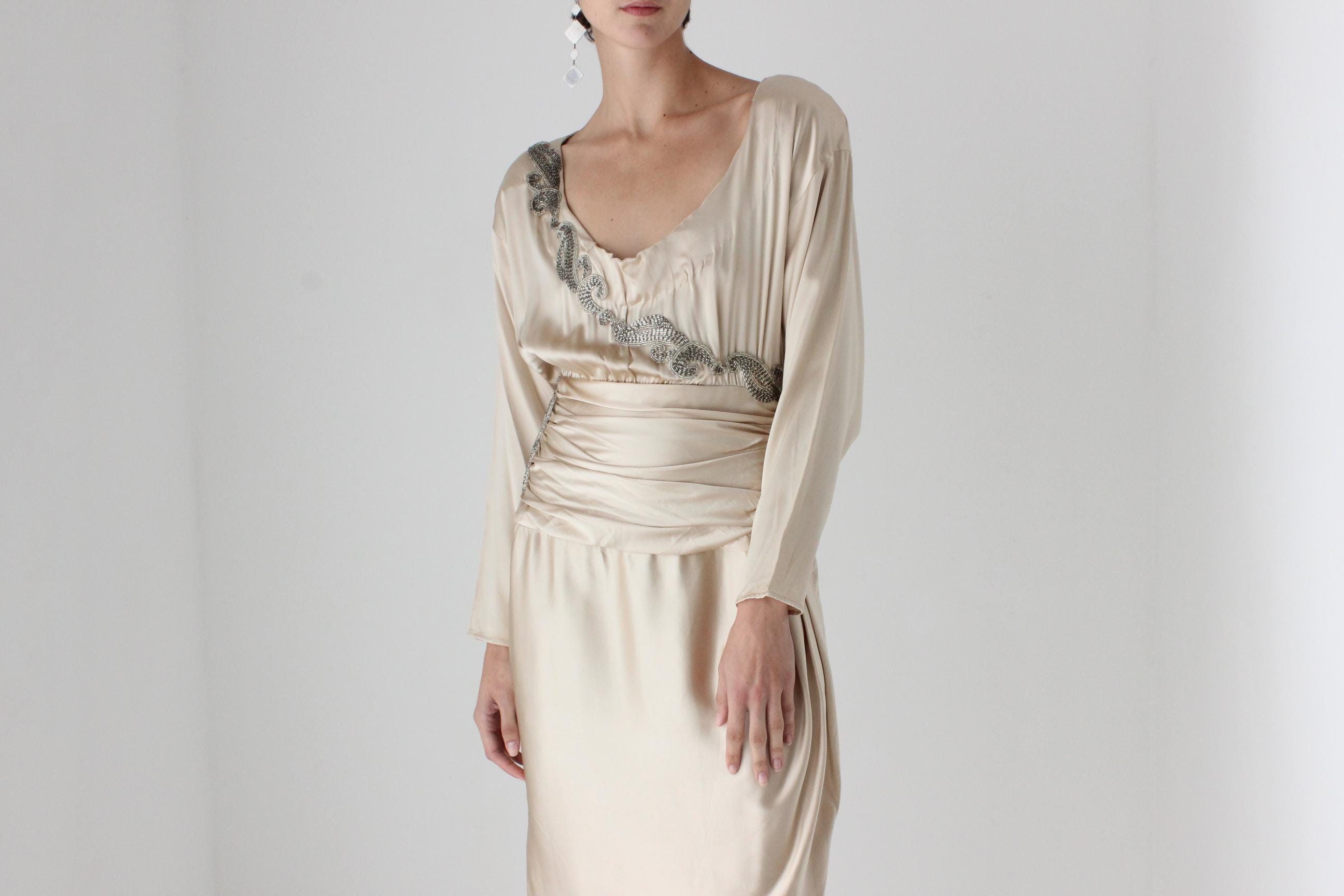 80s Liancarlo x Lillie Rubin Beaded Pure Silk Draped Cocktail Dress