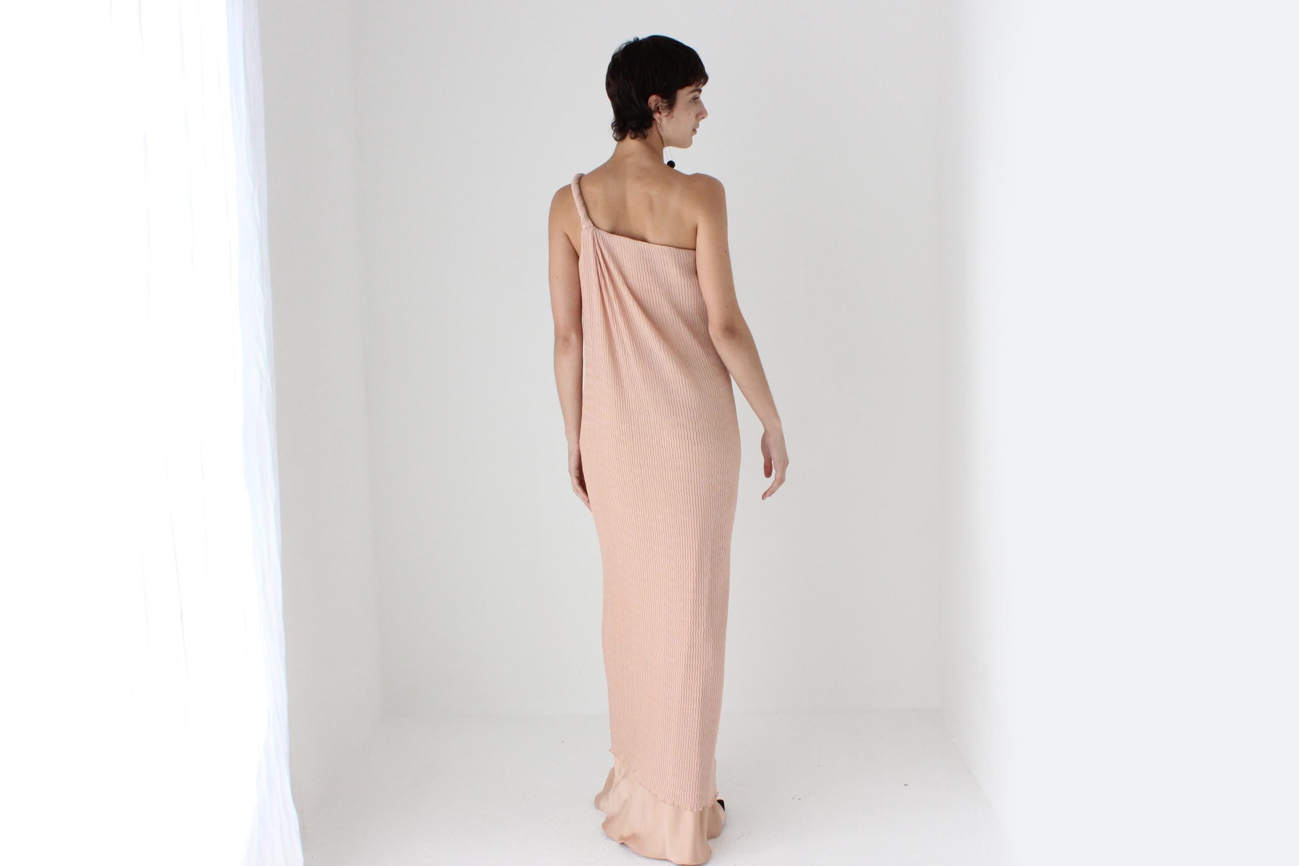 2000s Max Mara Pianoforte Plisse Crinkle One Shoulder Gown