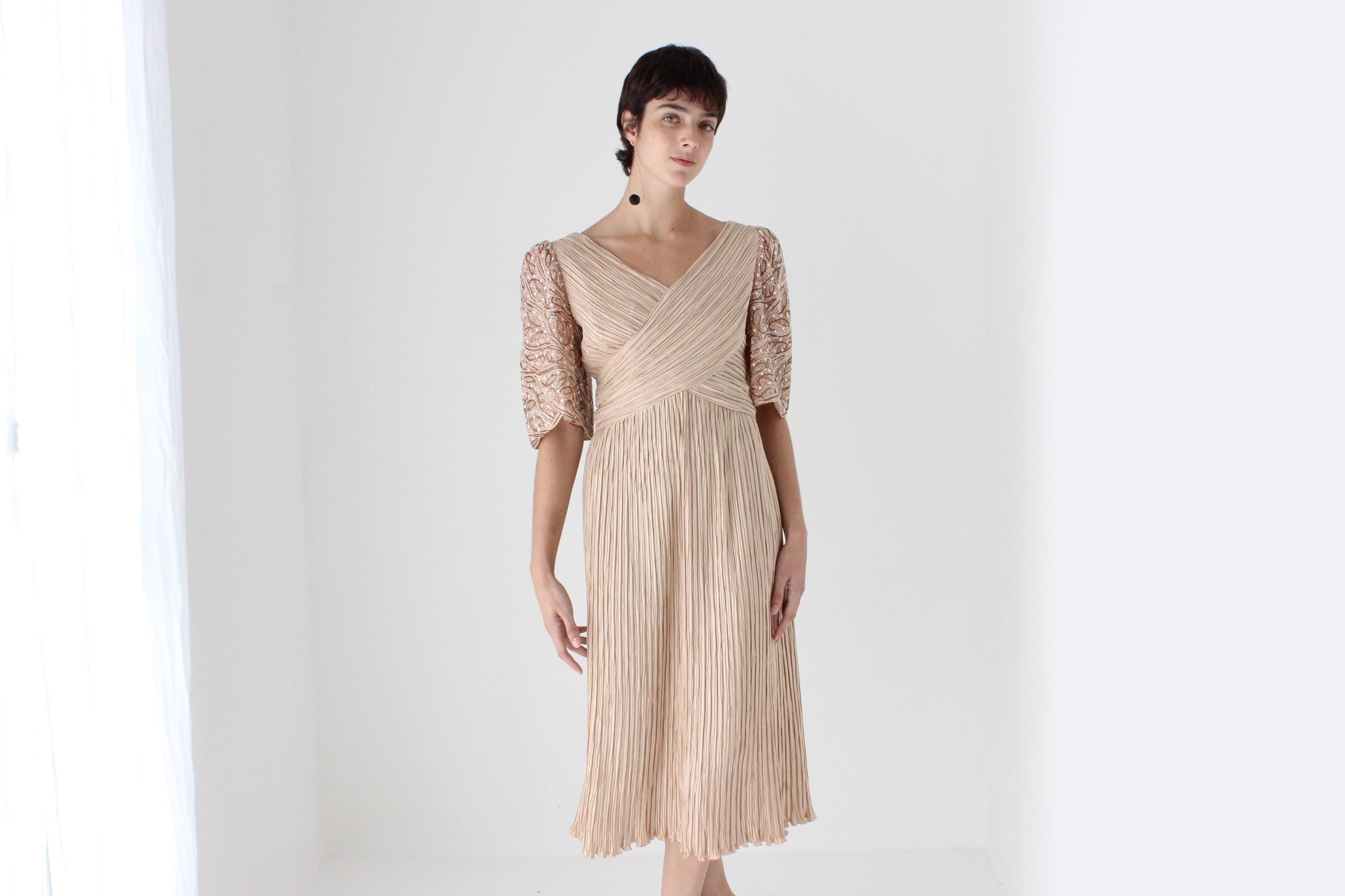 80s Richilene Fortuny Pleated Dusty Pink Cocktail Dress w/ Beaded Puff Sleeve