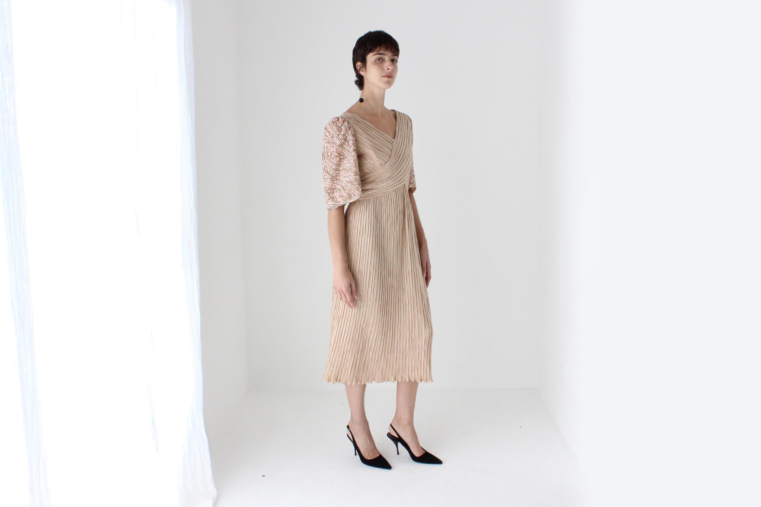 80s Richilene Fortuny Pleated Dusty Pink Cocktail Dress w/ Beaded Puff Sleeve