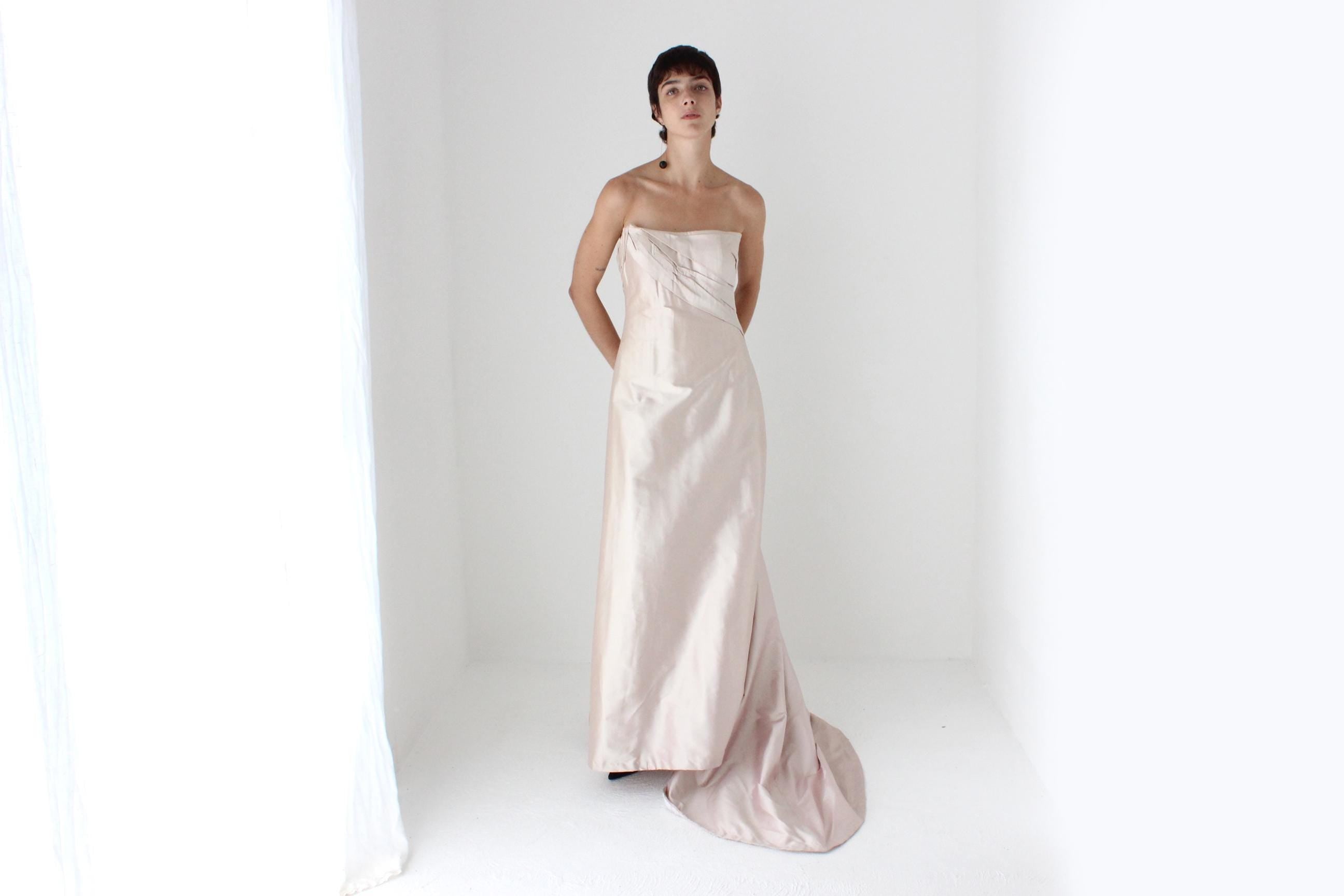 90s Mauve Silk Sculptural Bodice Strapless Gown