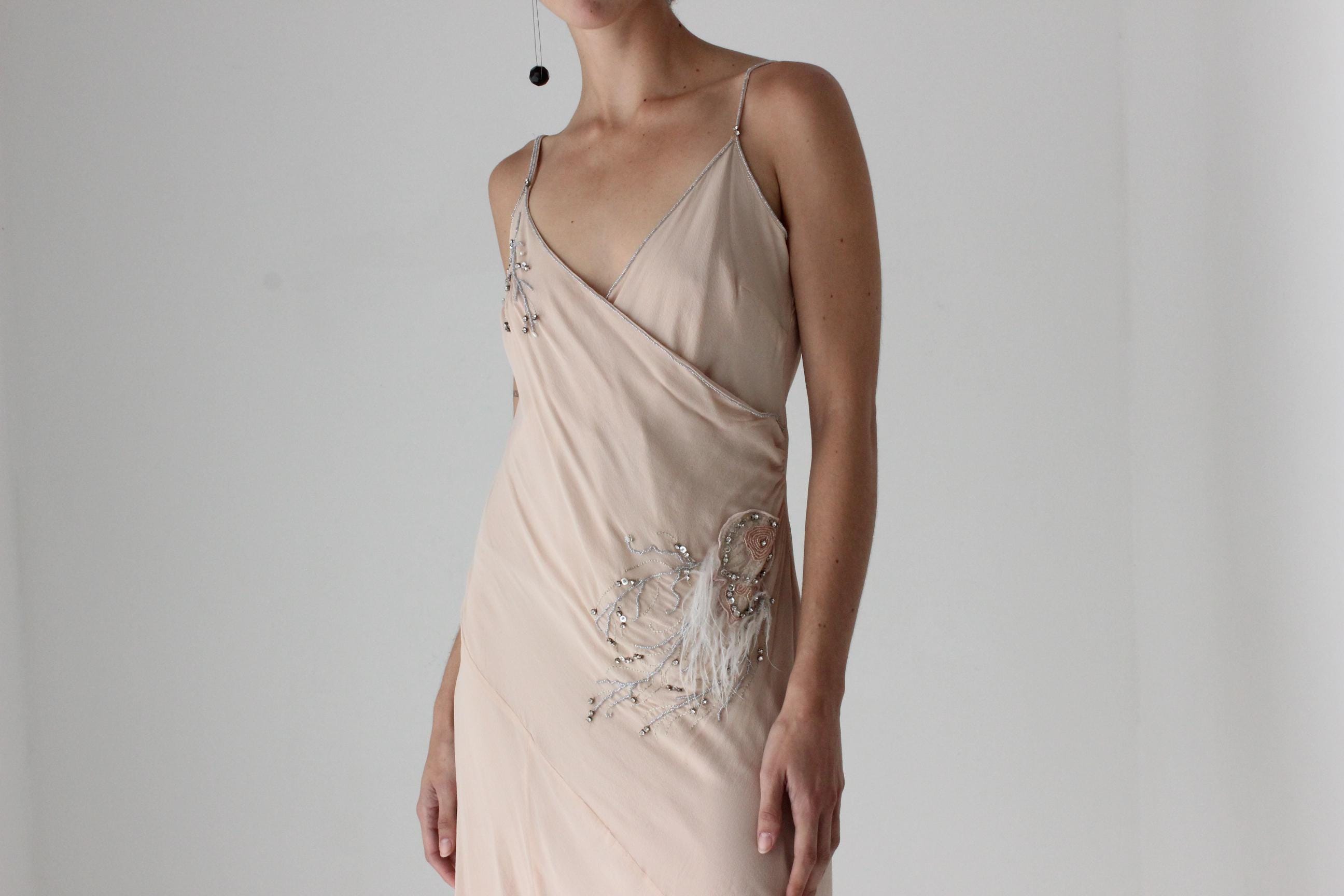 Y2K Pastel Pink Pure Silk Asymmetric Plunge Neck Slip Dress w/ Beading & Feathers