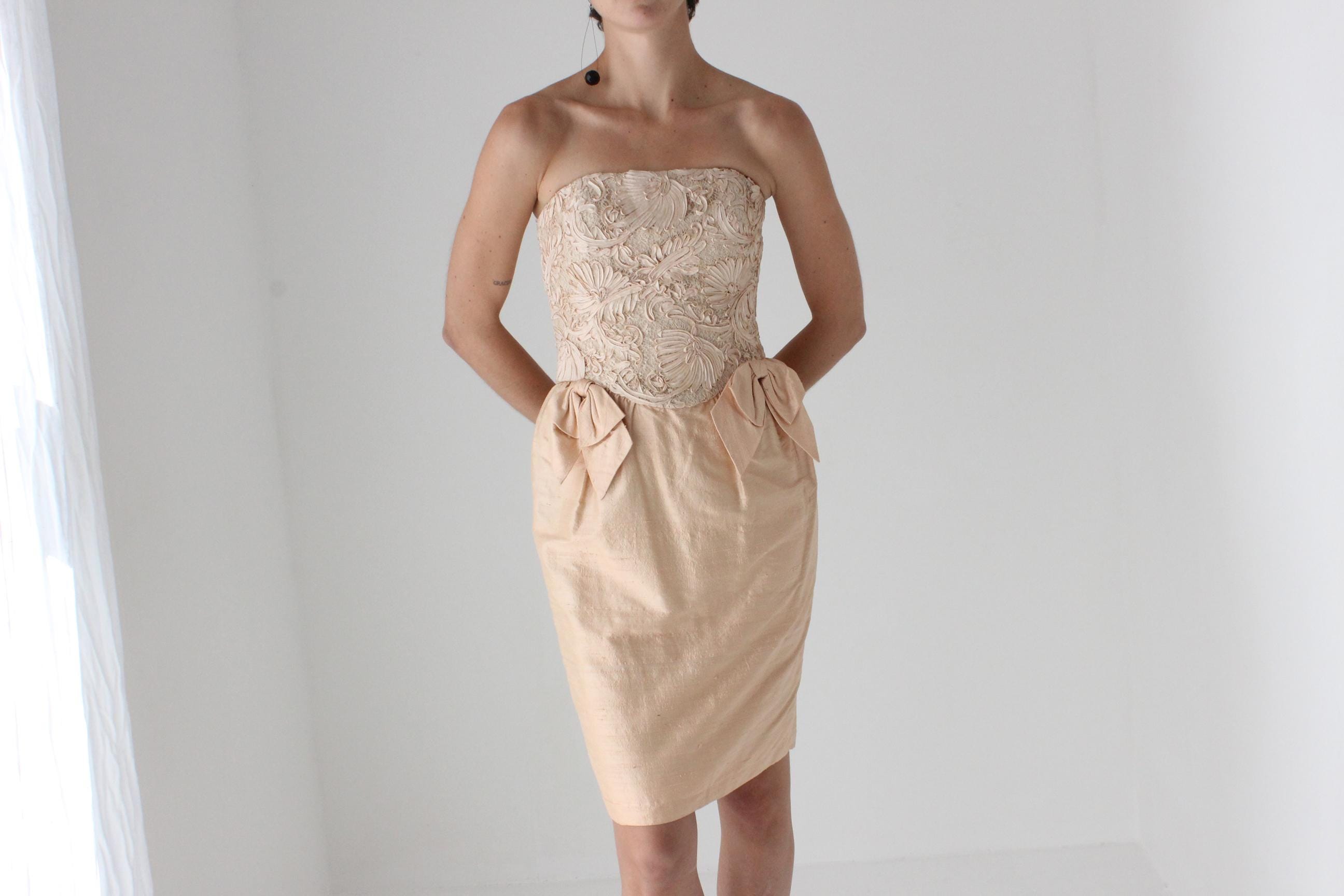 Glorious 80s Raw Silk Strapless Bustier Mini Dress by Tom & Linda Platt