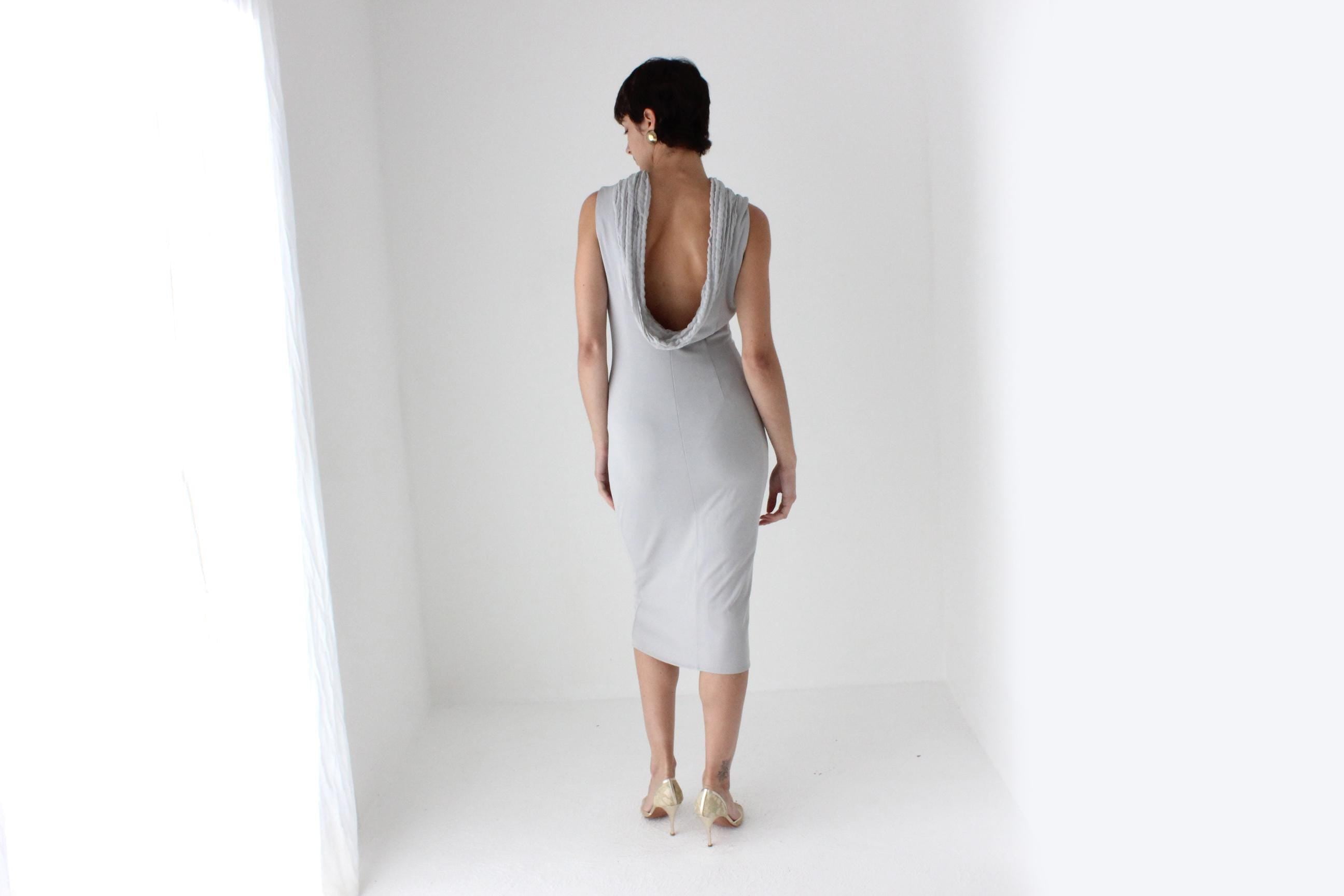 90s Italian Dove Grey Draped Backless Bateau Neck Cocktail Dress