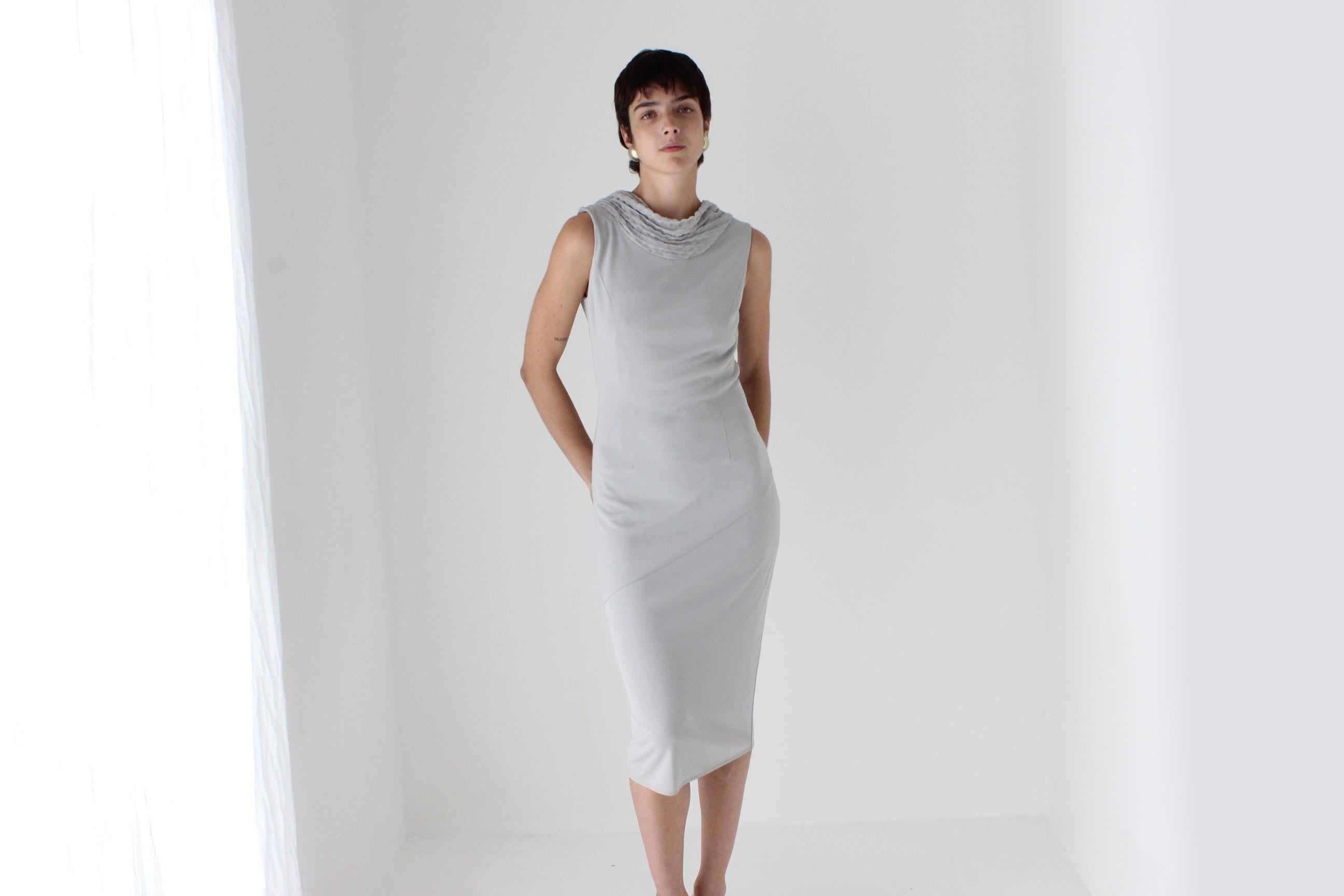 90s Italian Dove Grey Draped Backless Bateau Neck Cocktail Dress