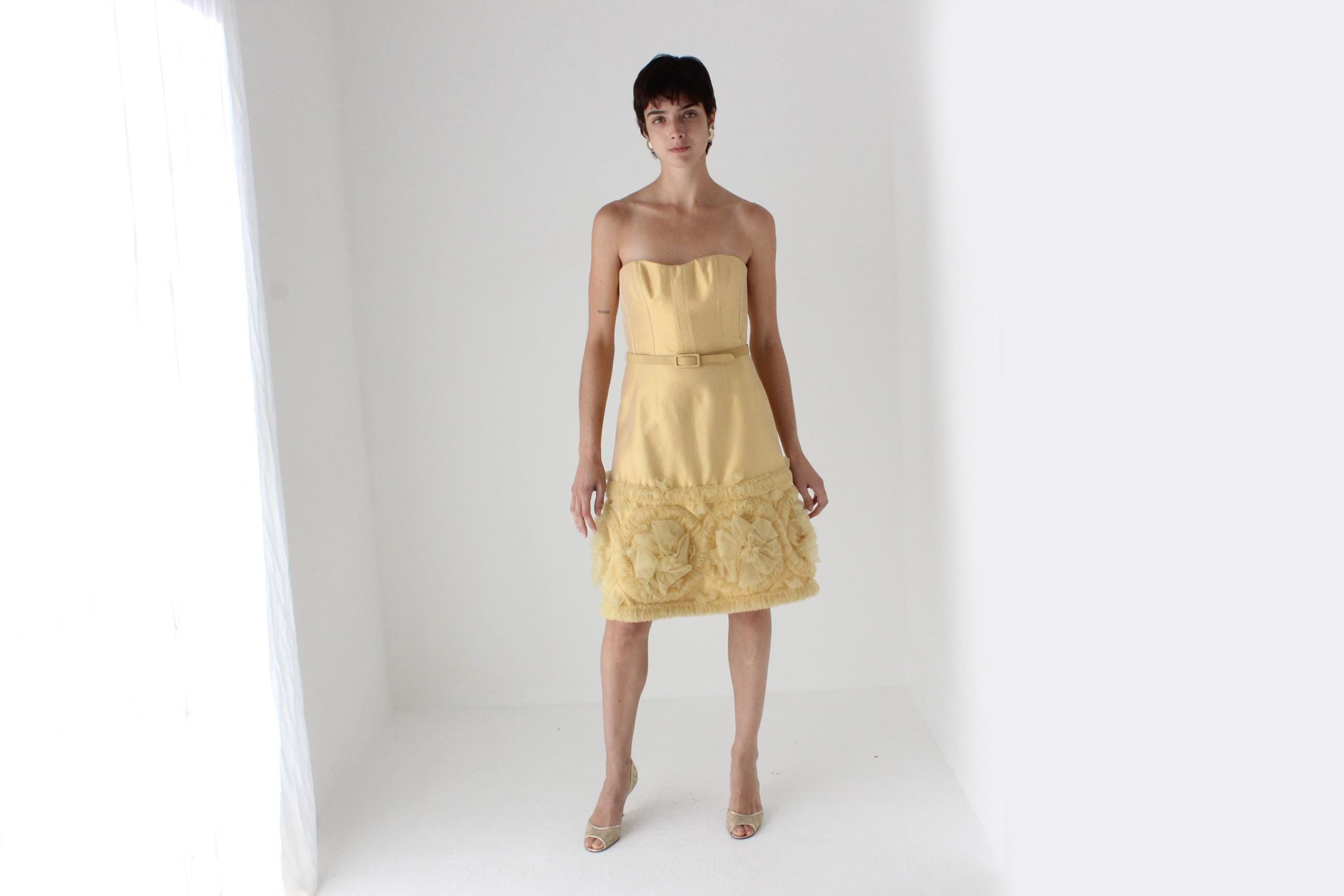 2000s Badgley Mischka Yellow Silk Strapless Bustier Dress w/ 3D Tulle Detailing