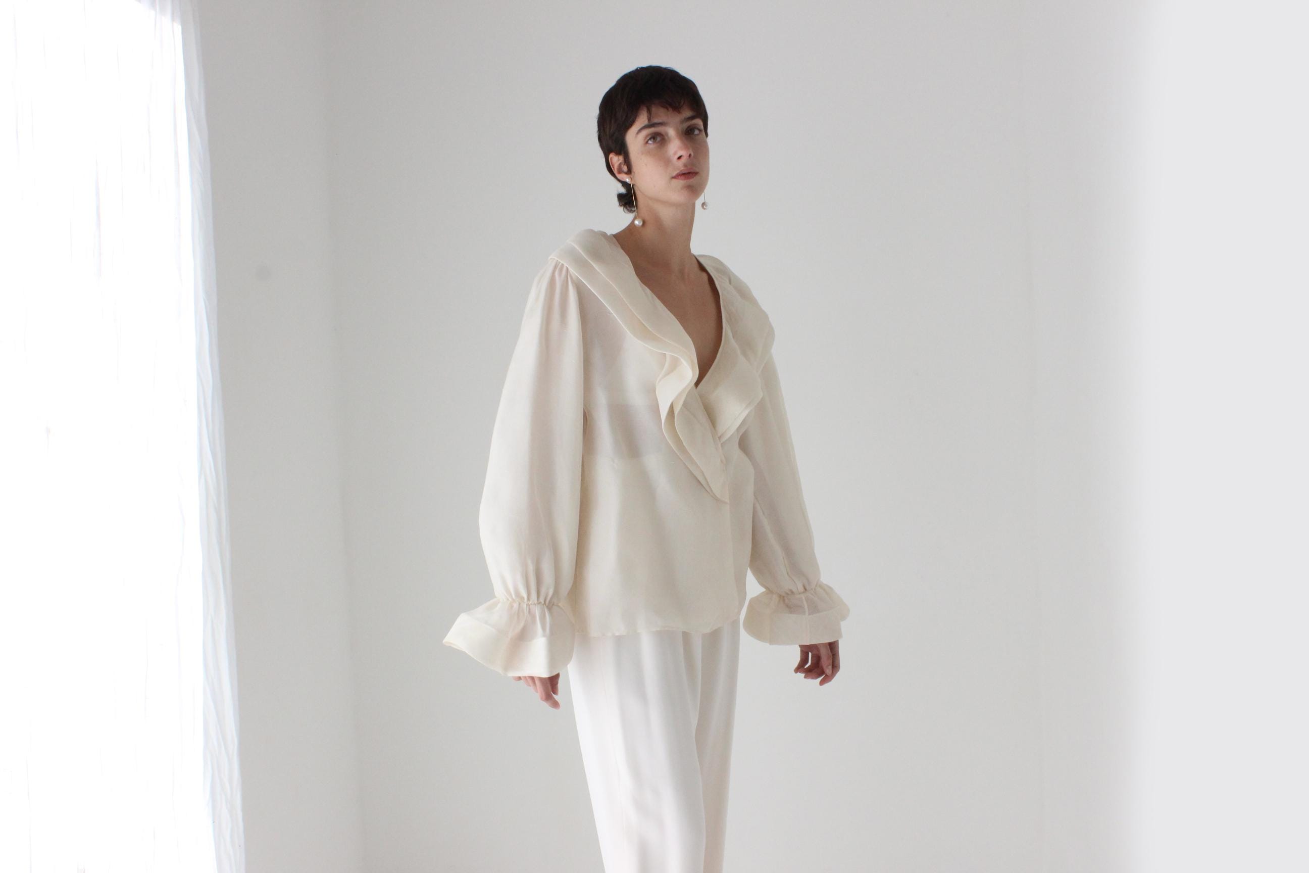 80s OSCAR De La RENTA Sheer Gauze Harlequin Ruffle Blouse