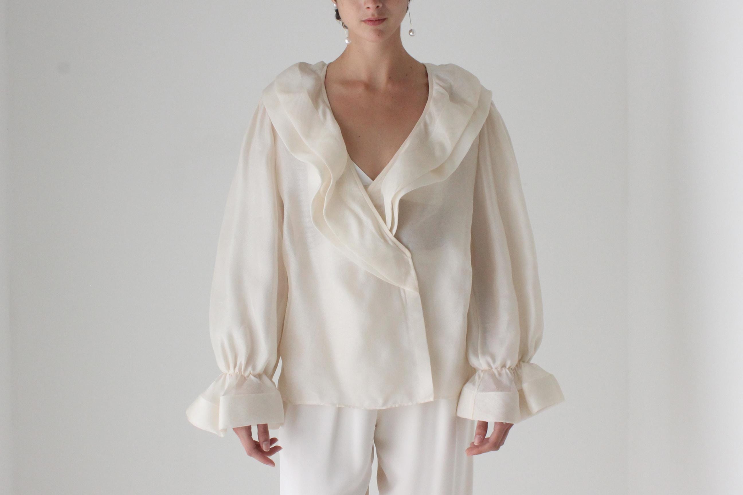 80s OSCAR De La RENTA Sheer Gauze Harlequin Ruffle Blouse