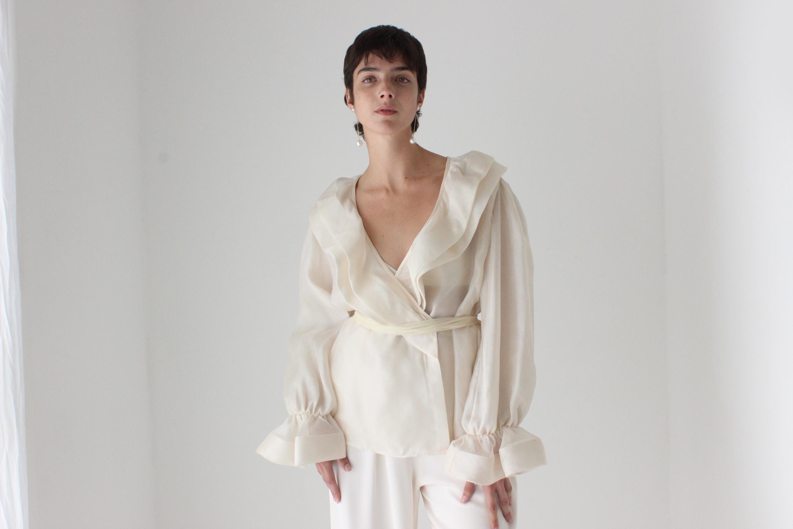 80s OSCAR De La RENTA Sheer Gauze Harlequin Ruffle Blouse