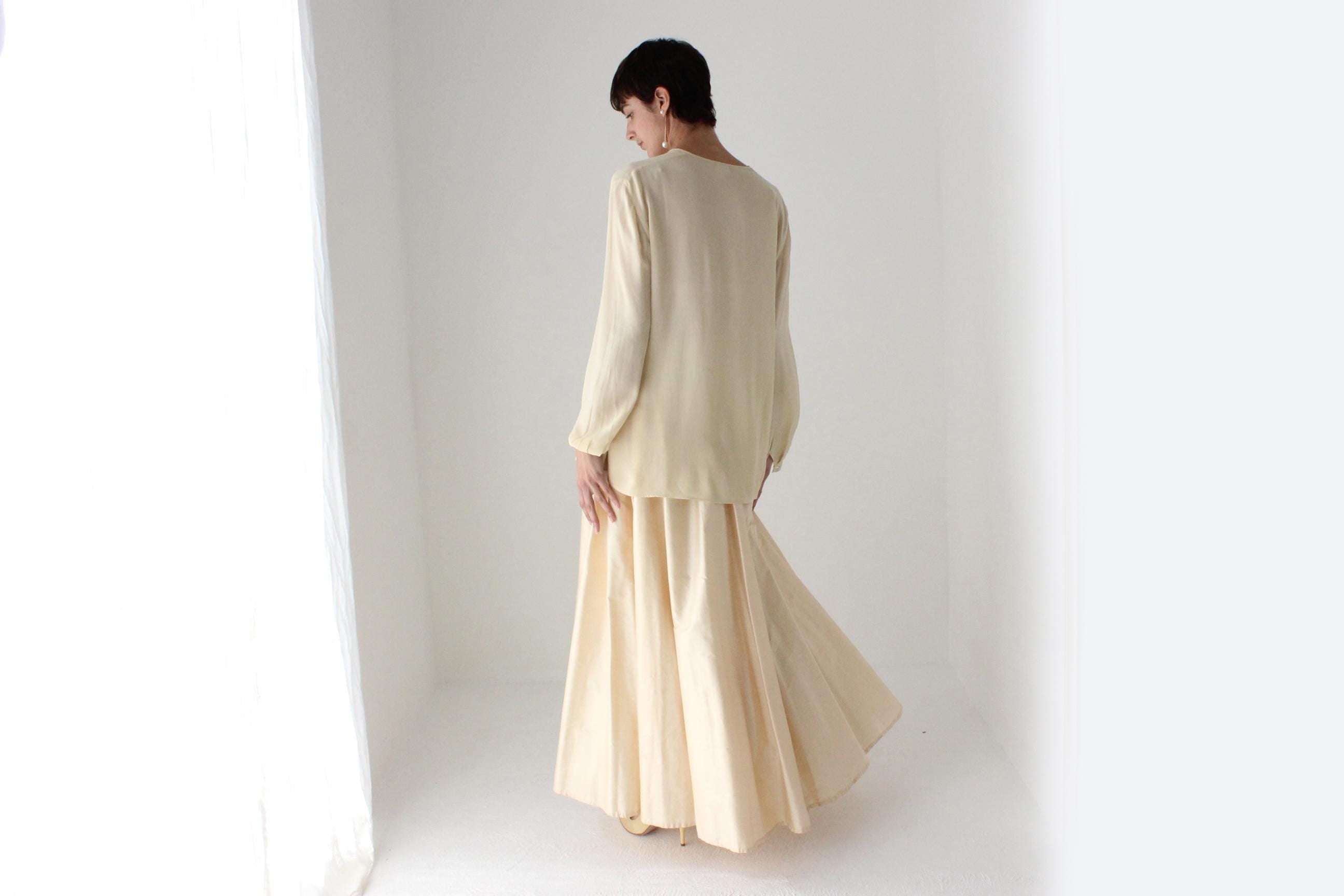 80s Raw Silk Voluminous Buttercream Full Length Bridal Maxi Skirt
