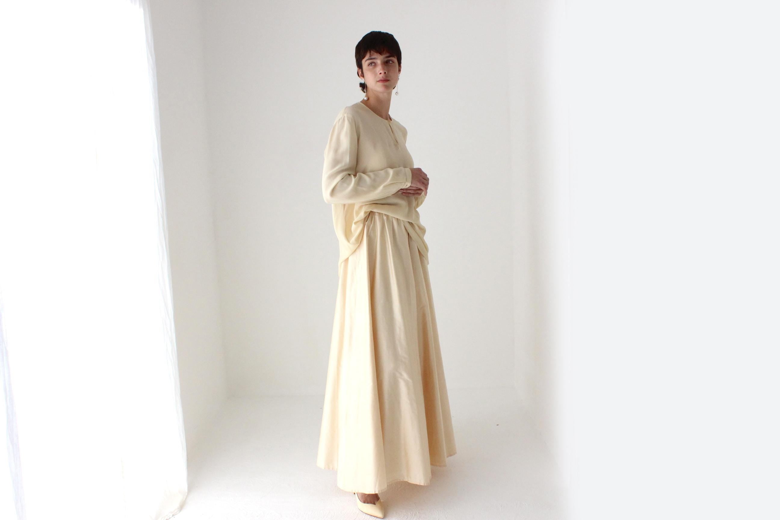80s Raw Silk Voluminous Buttercream Full Length Bridal Maxi Skirt