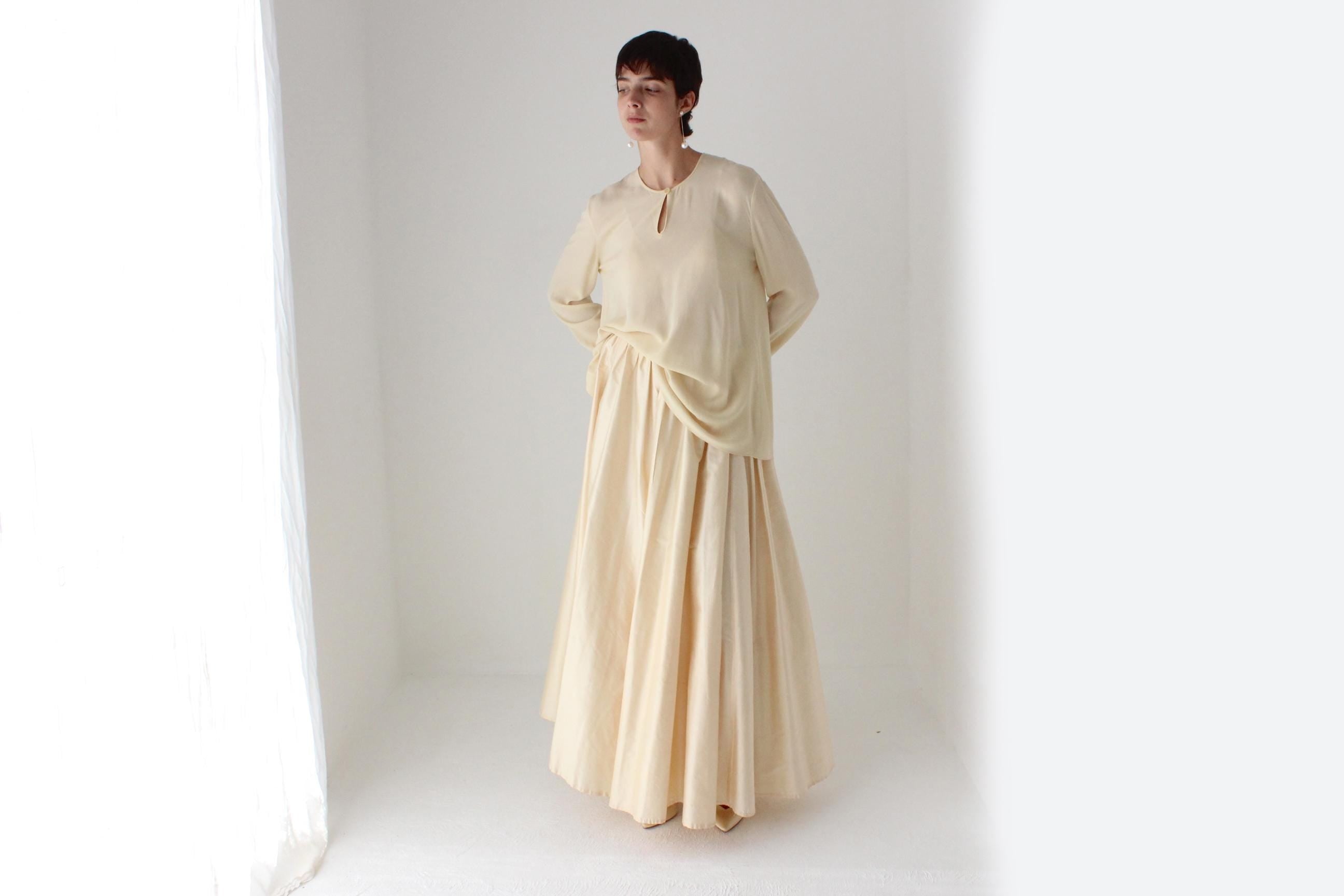 80s Raw Silk Voluminous Buttercream Full Length Bridal Maxi Skirt