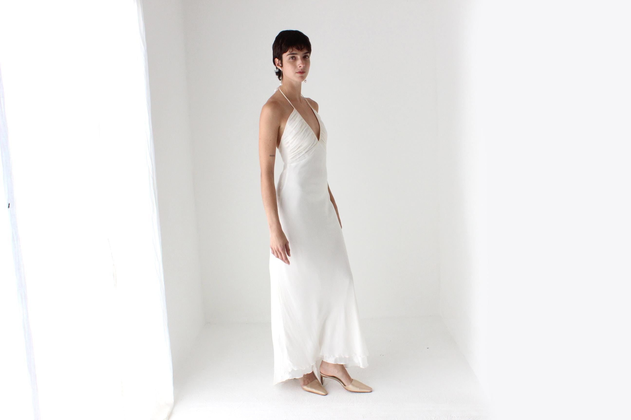 90s Lisa Ho Ivory Silk Georgette Halter Neck Bias Cut Wedding Dress