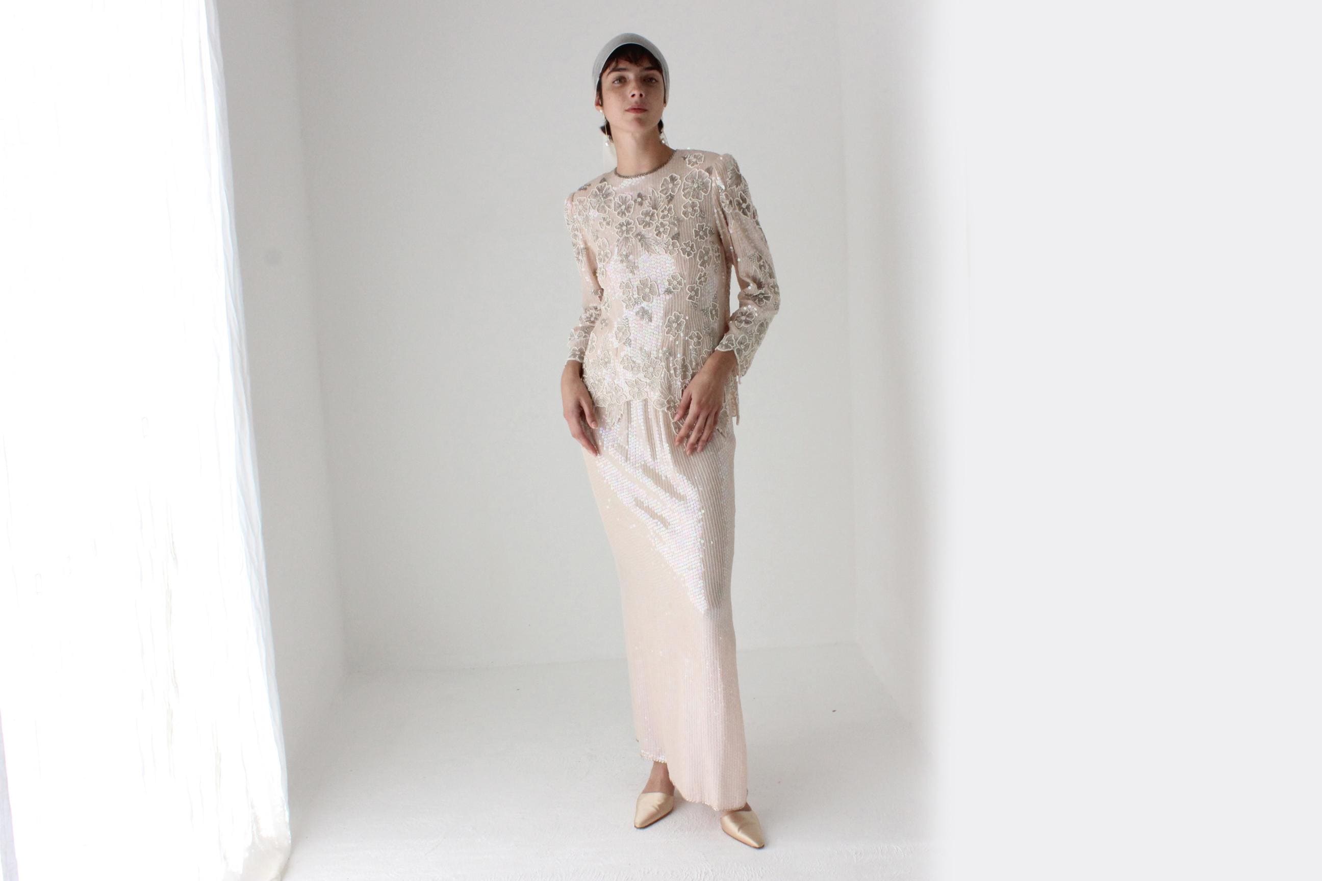 80s Pastel Sequin + Silk Long Sleeve Top & Maxi Skirt Disco Set