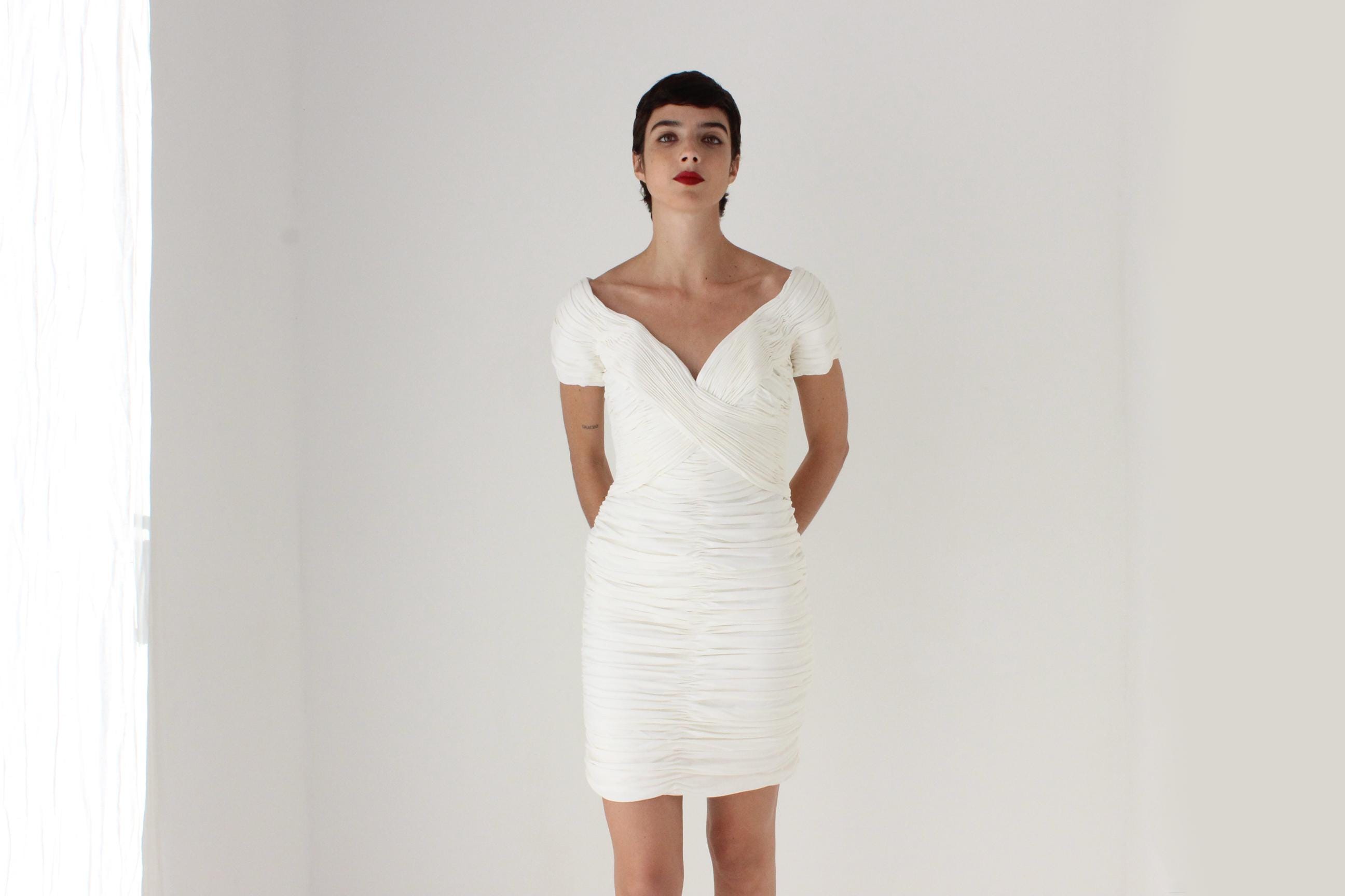 80s Vicky Tiel Couture (Paris) Textured / Gathered White Bridal Mini Dress
