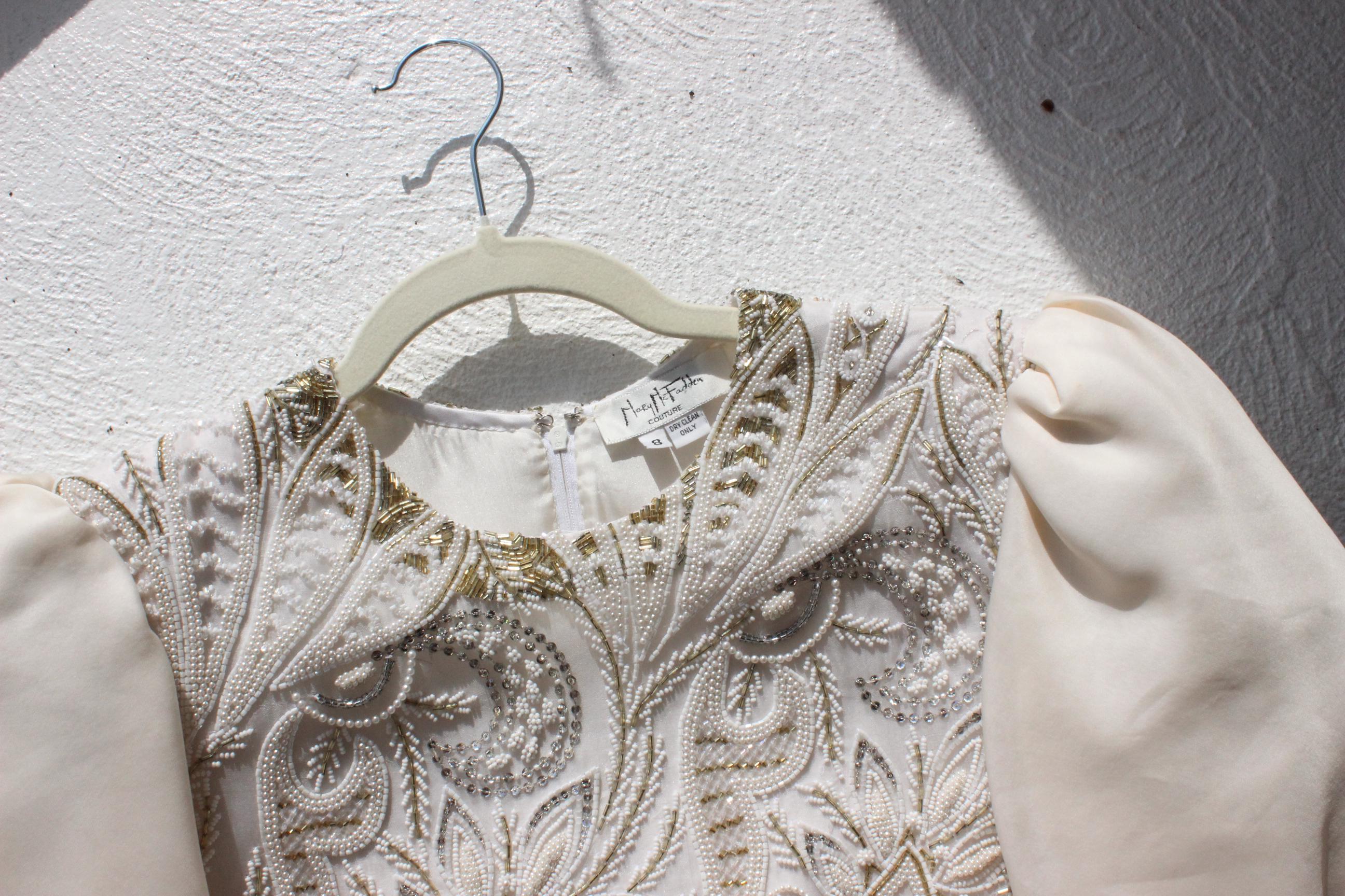 80s Mary McFadden Couture Silk Beaded Puff Sleeve / Bubble Dress