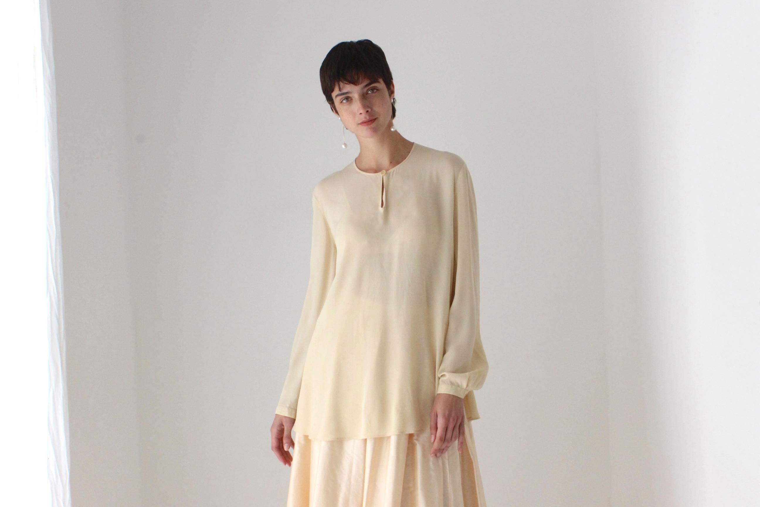 90s Giorgio Armani Silk Crepe Chiffon Relaxed Buttercream Blouse