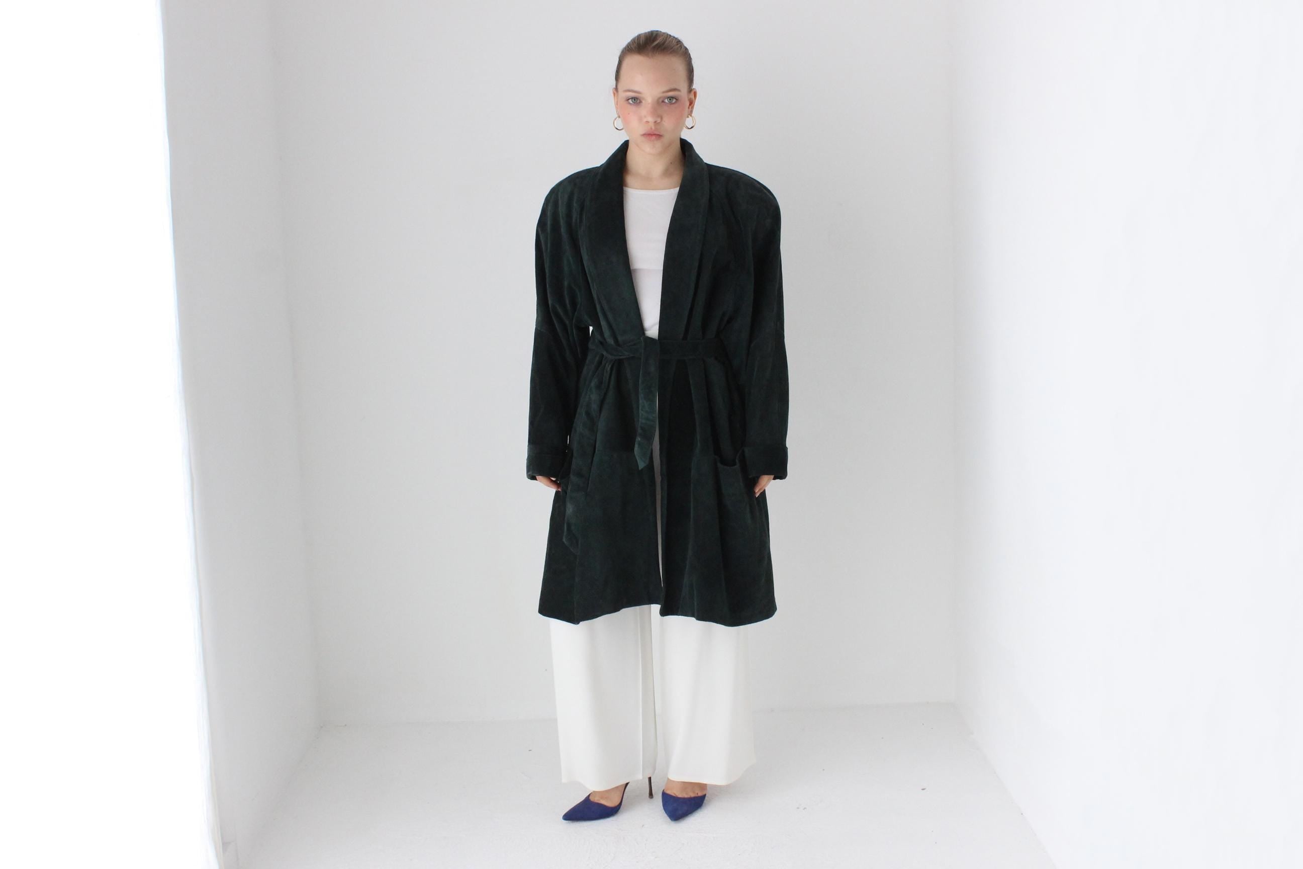 80s Forest Green Suede Shawl Collar Belted Trench