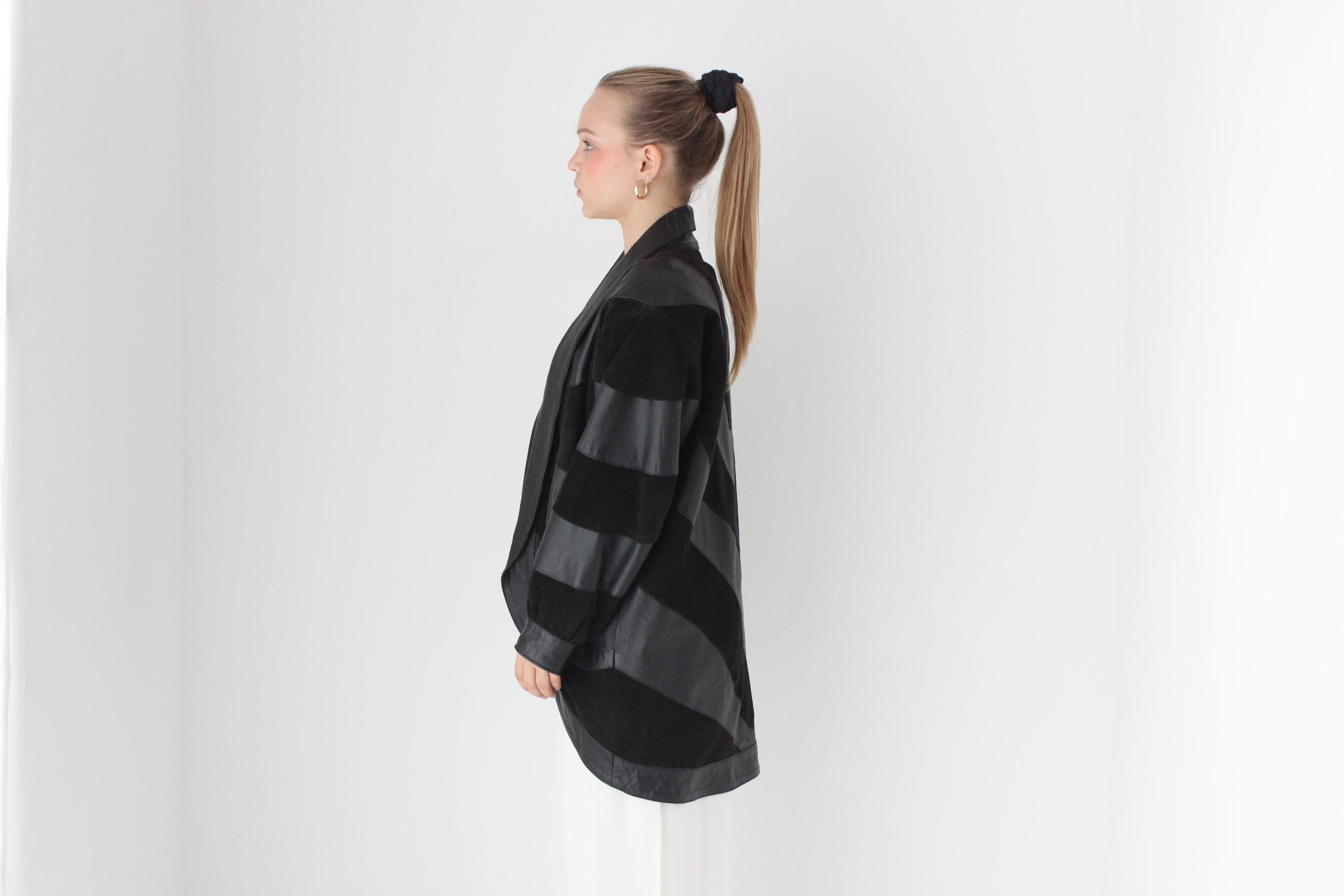 Phenomenal 80s Suede & Leather Chevron Stripe Batwing Coat