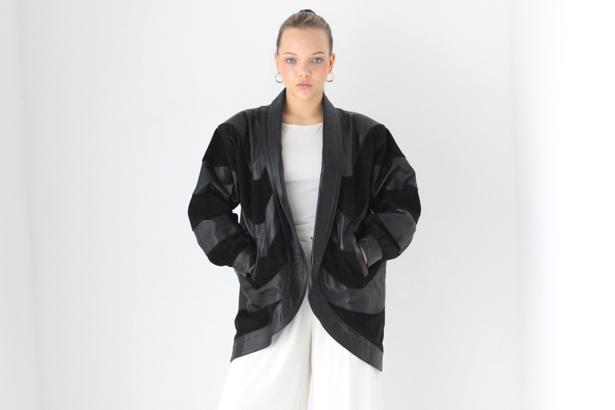 Phenomenal 80s Suede & Leather Chevron Stripe Batwing Coat