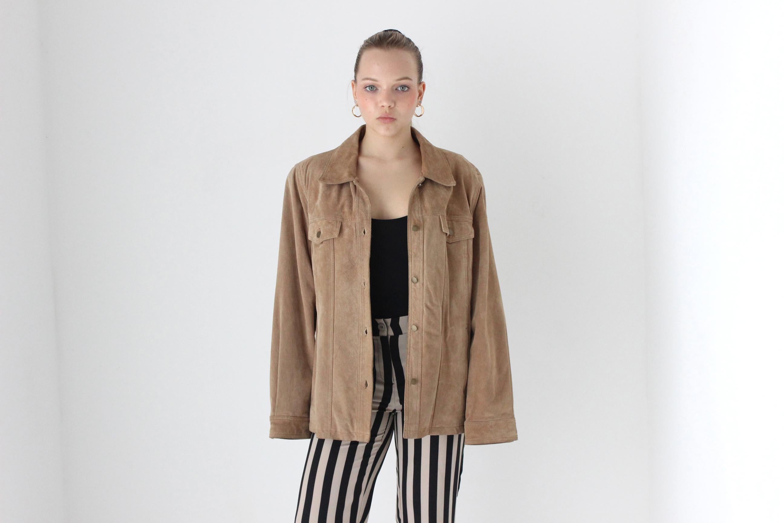 90s Boxy Camel Suede Trucker Jacket - Unisex