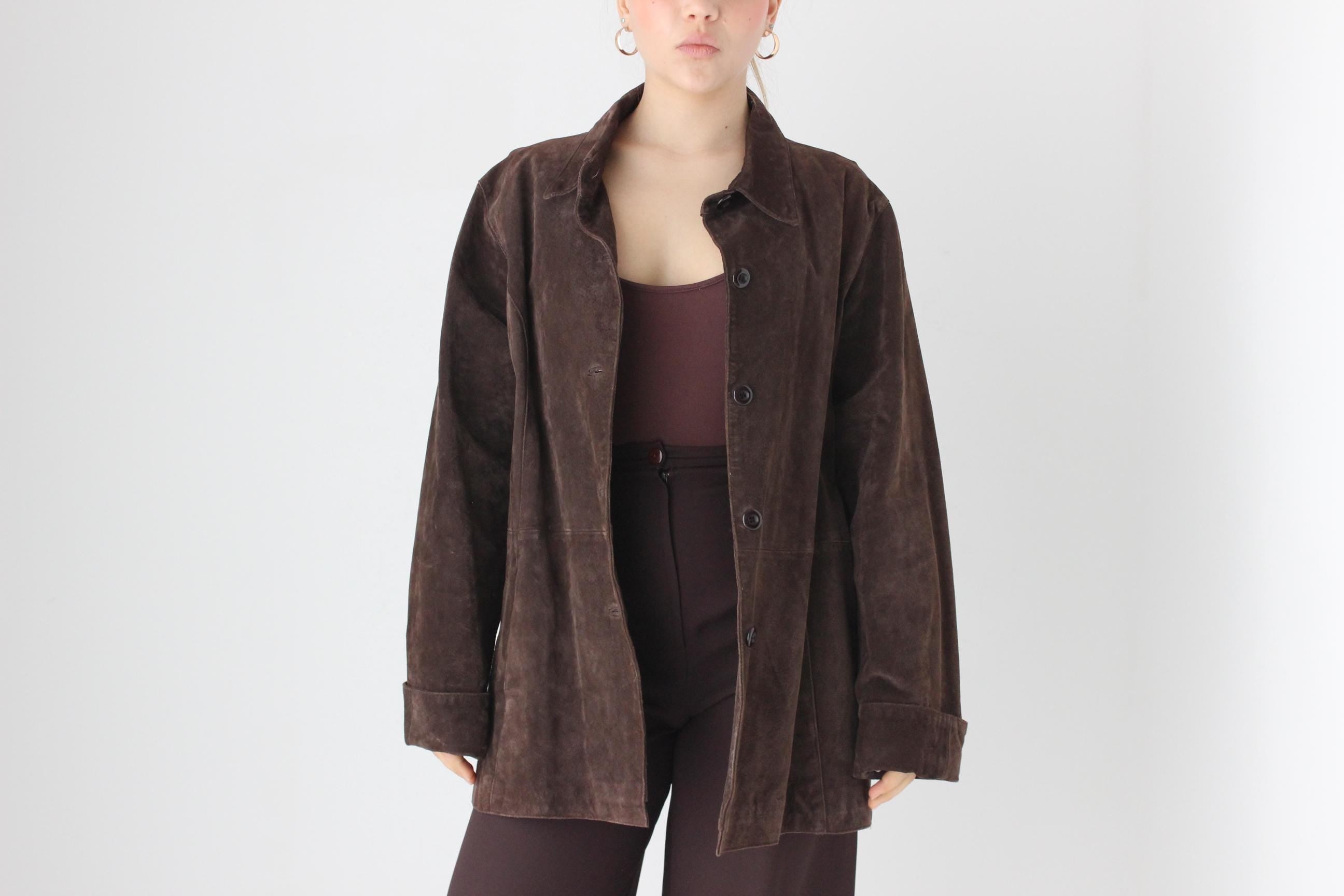 90s Does 70s Chocolate Suede Button Up Jacket
