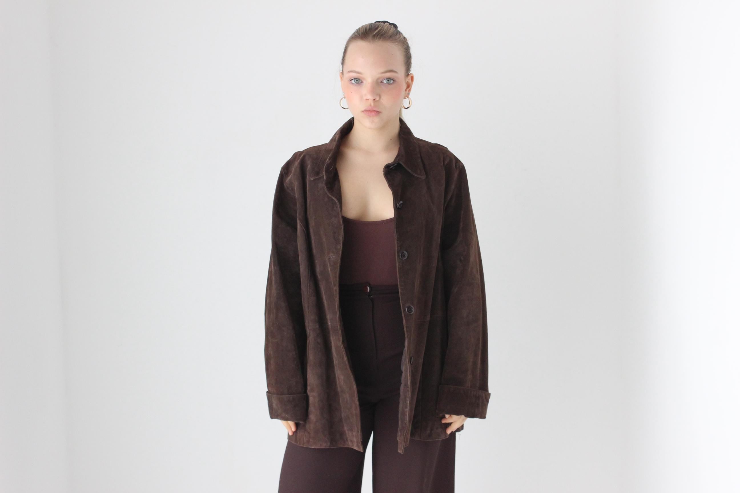 90s Does 70s Chocolate Suede Button Up Jacket
