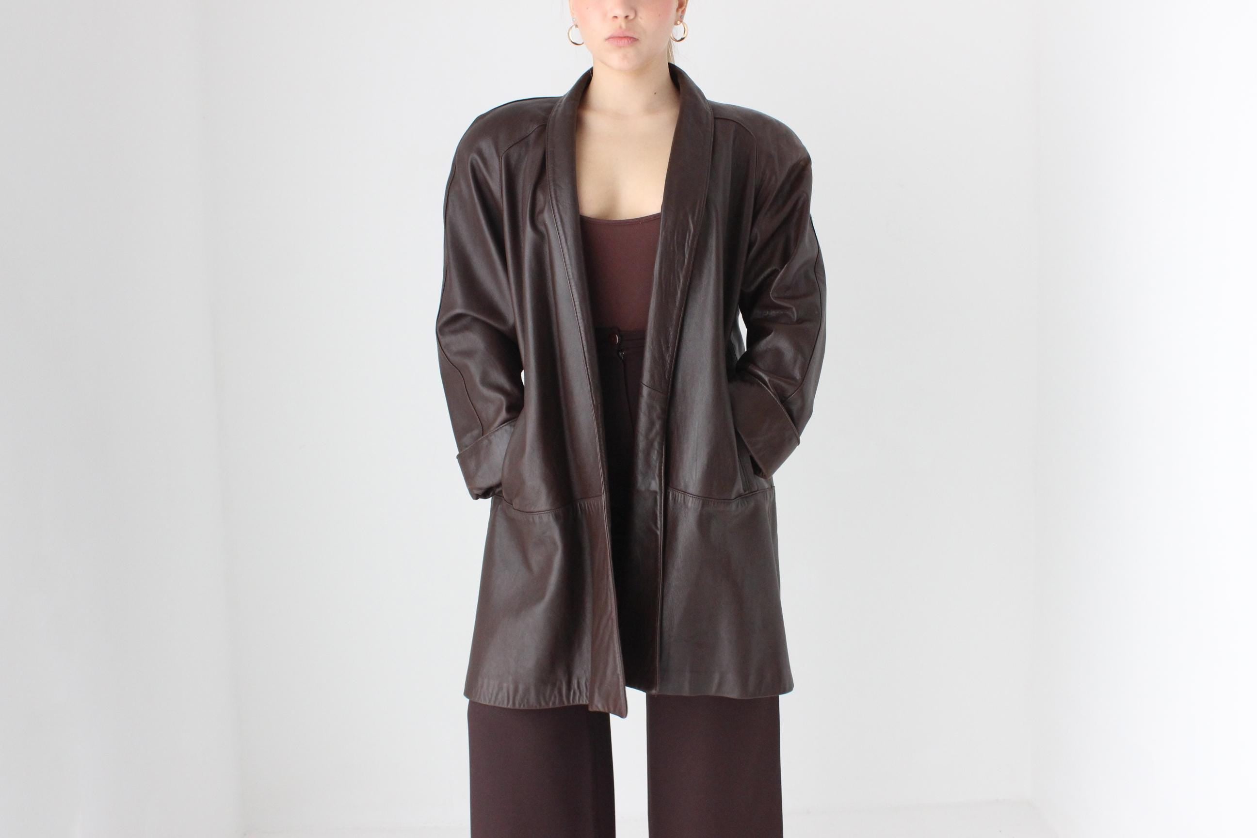 Buttery 80s Chocolate Leather Swing Coat by Maxima