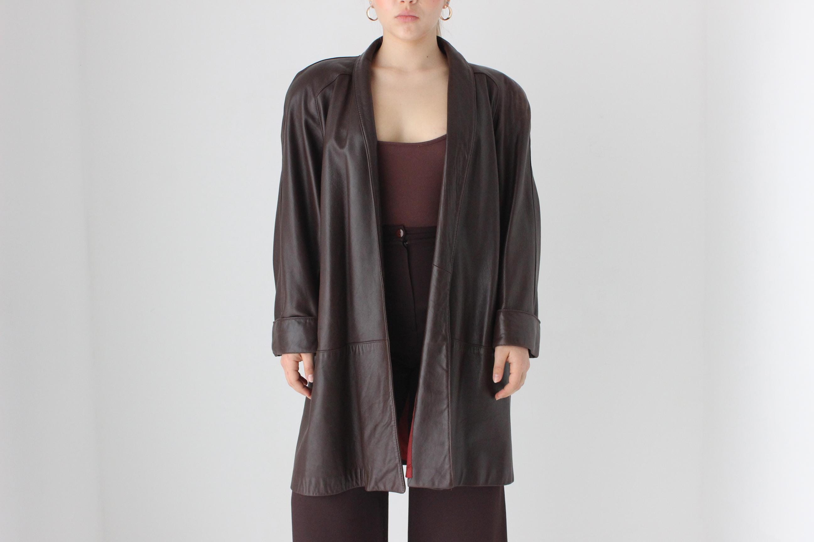 Buttery 80s Chocolate Leather Swing Coat by Maxima