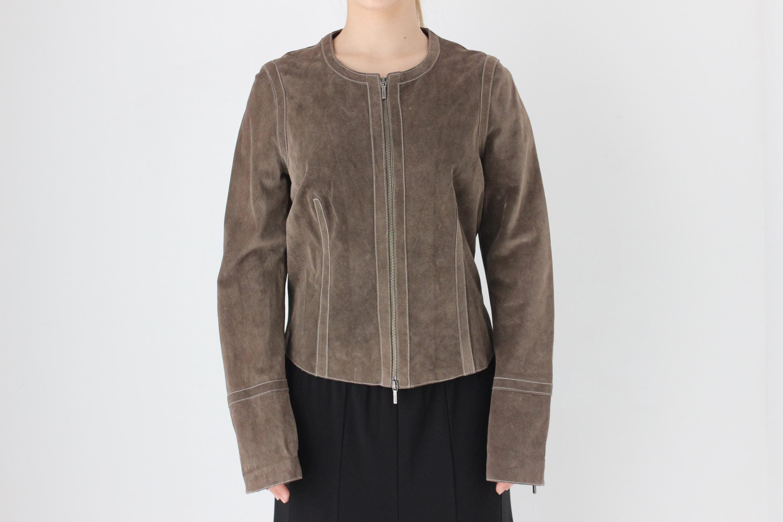 Y2K Italian Suede Minimal Zip Front Collarless Leather Jacket by Joseph