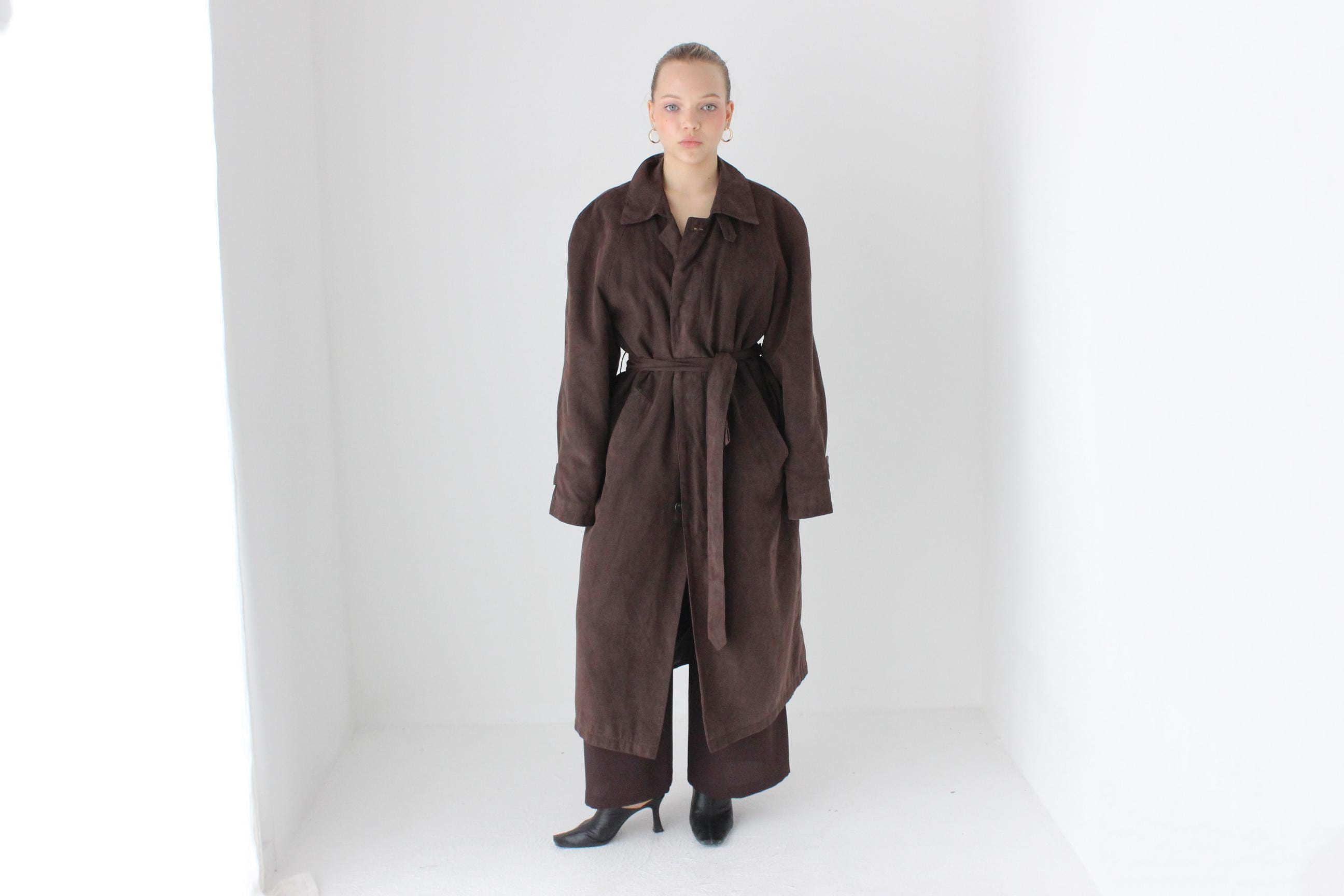 90s Bill Blass Chocolate Microsuede Belted Trench