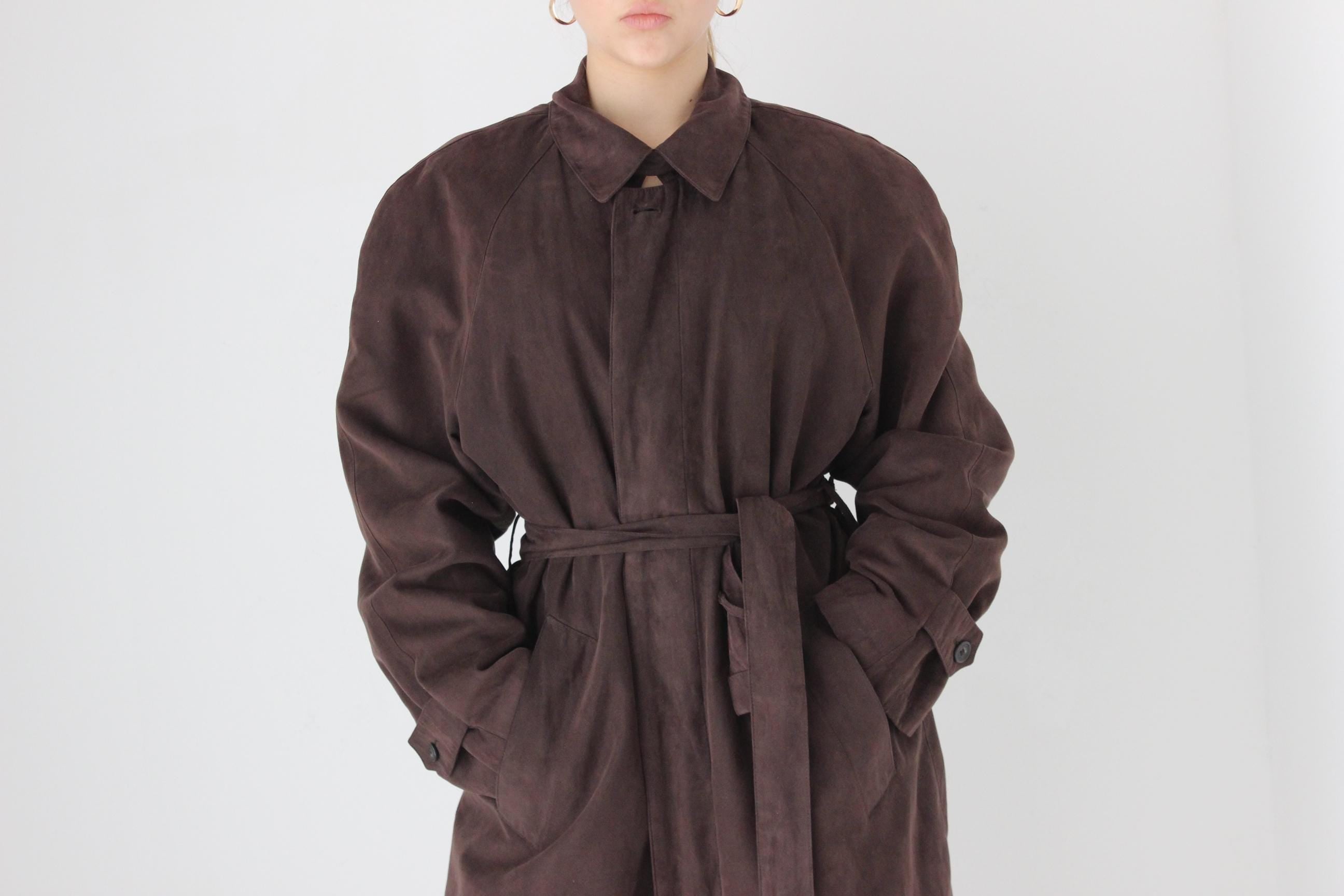 90s Bill Blass Chocolate Microsuede Belted Trench