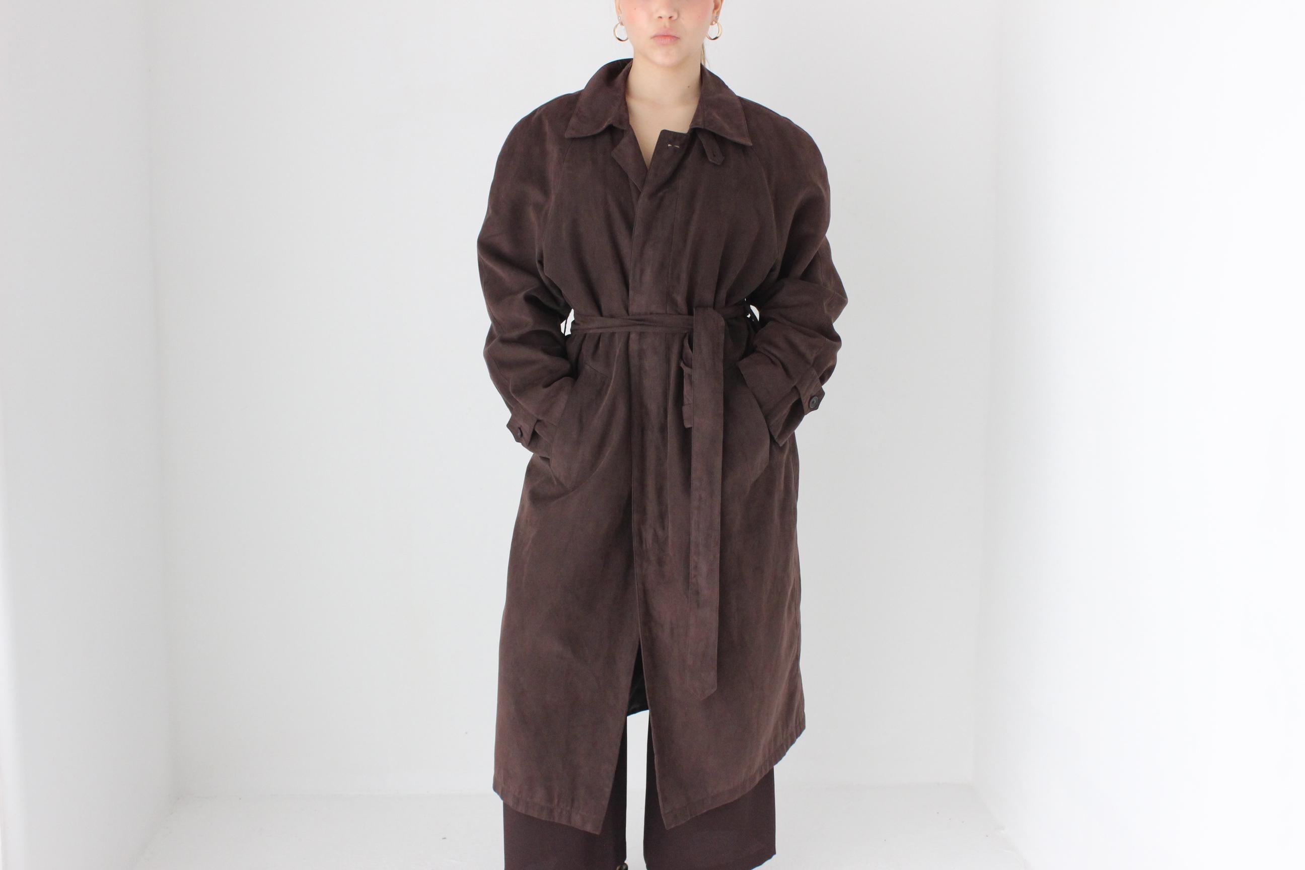 90s Bill Blass Chocolate Microsuede Belted Trench