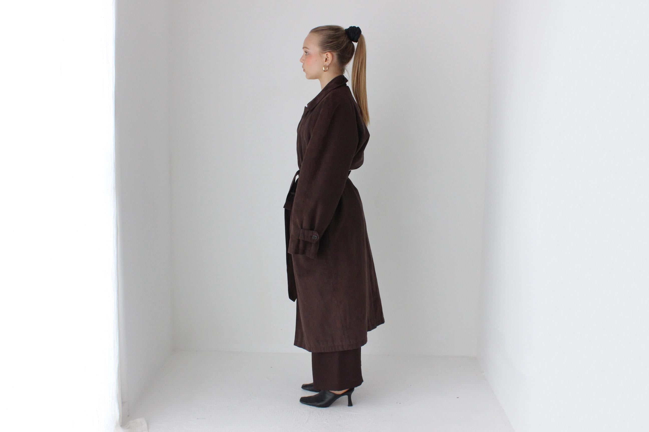 90s Bill Blass Chocolate Microsuede Belted Trench