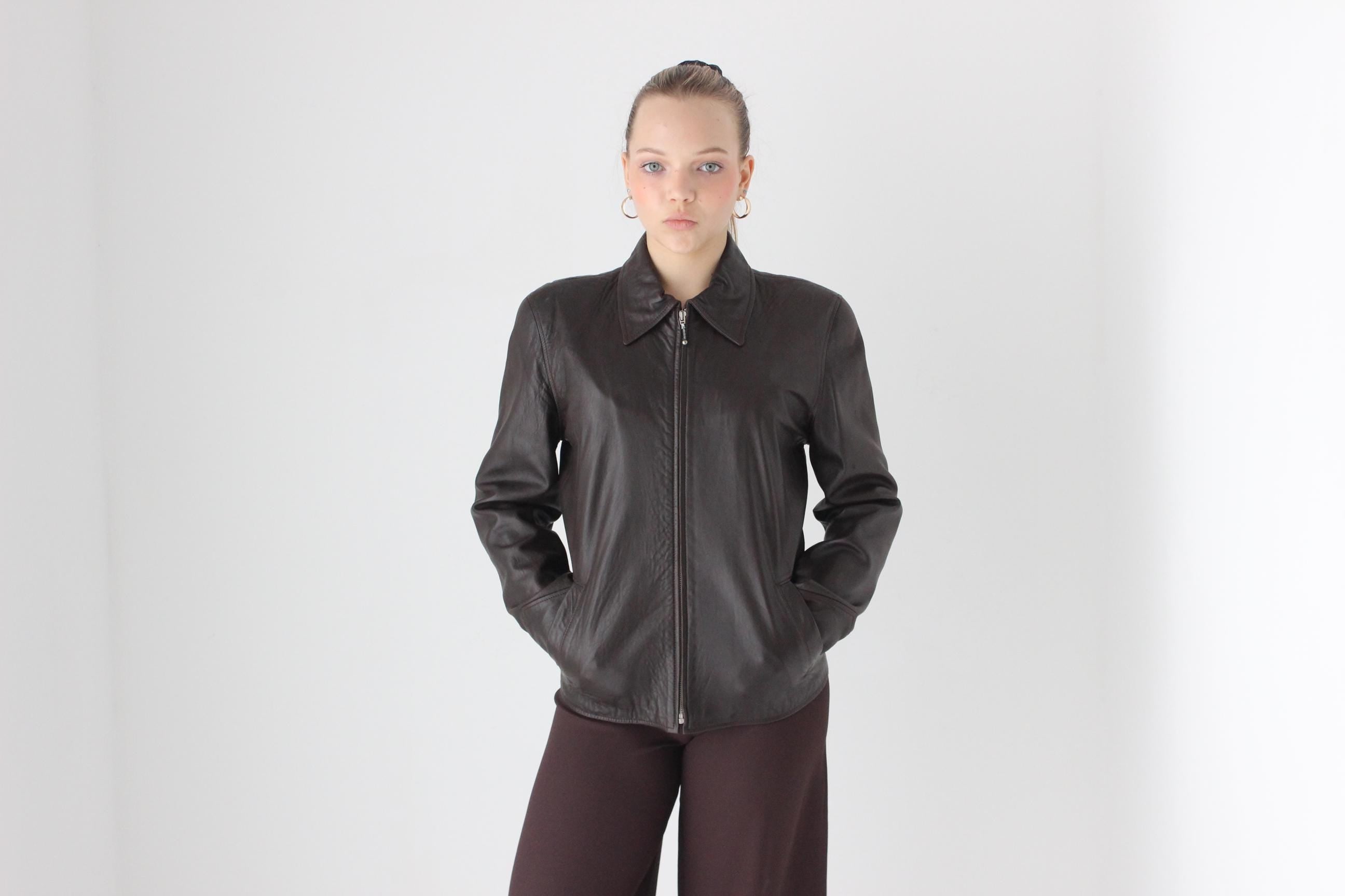 90s LISA HO Softest Lambskin Leather Chocolate Zip Front Jacket
