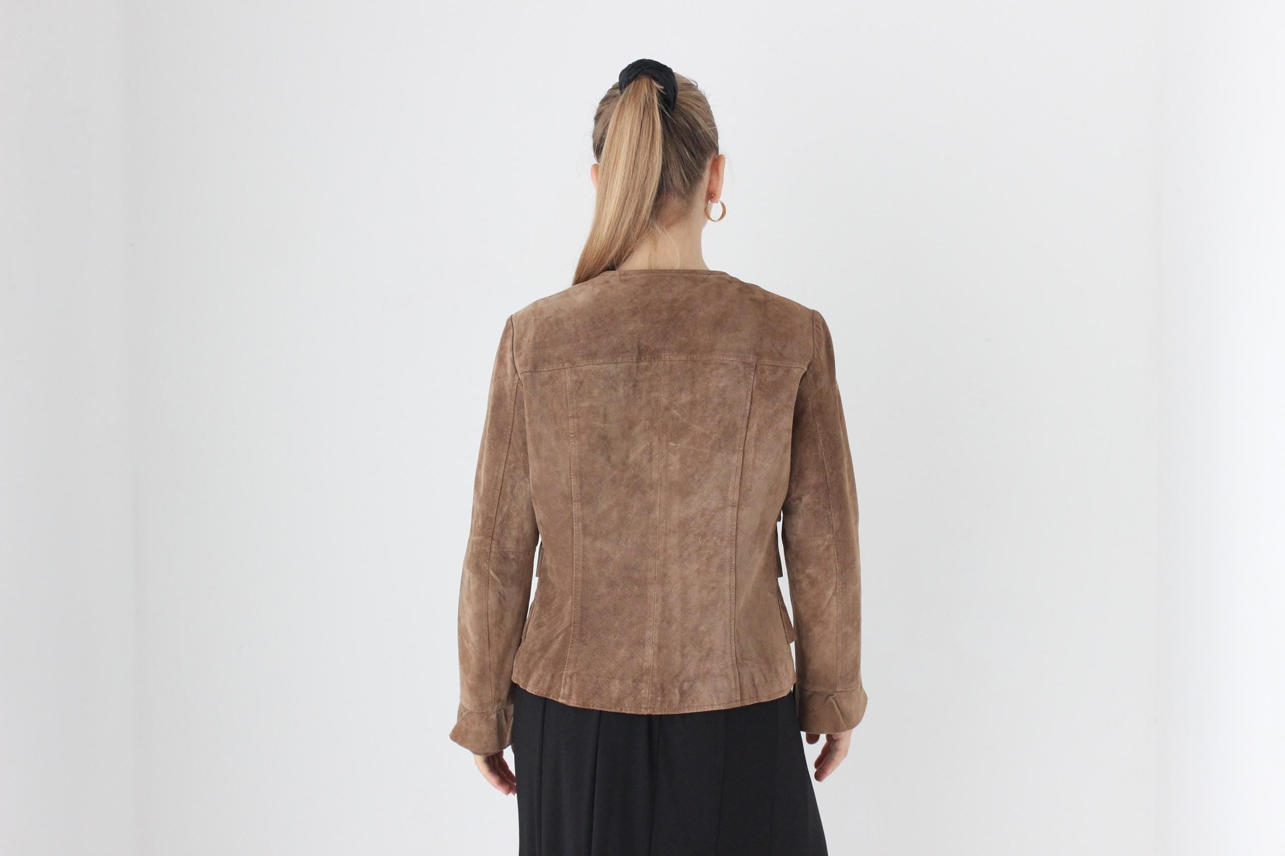Y2K Caramel Suede Ruffle Front Collarless Leather Jacket