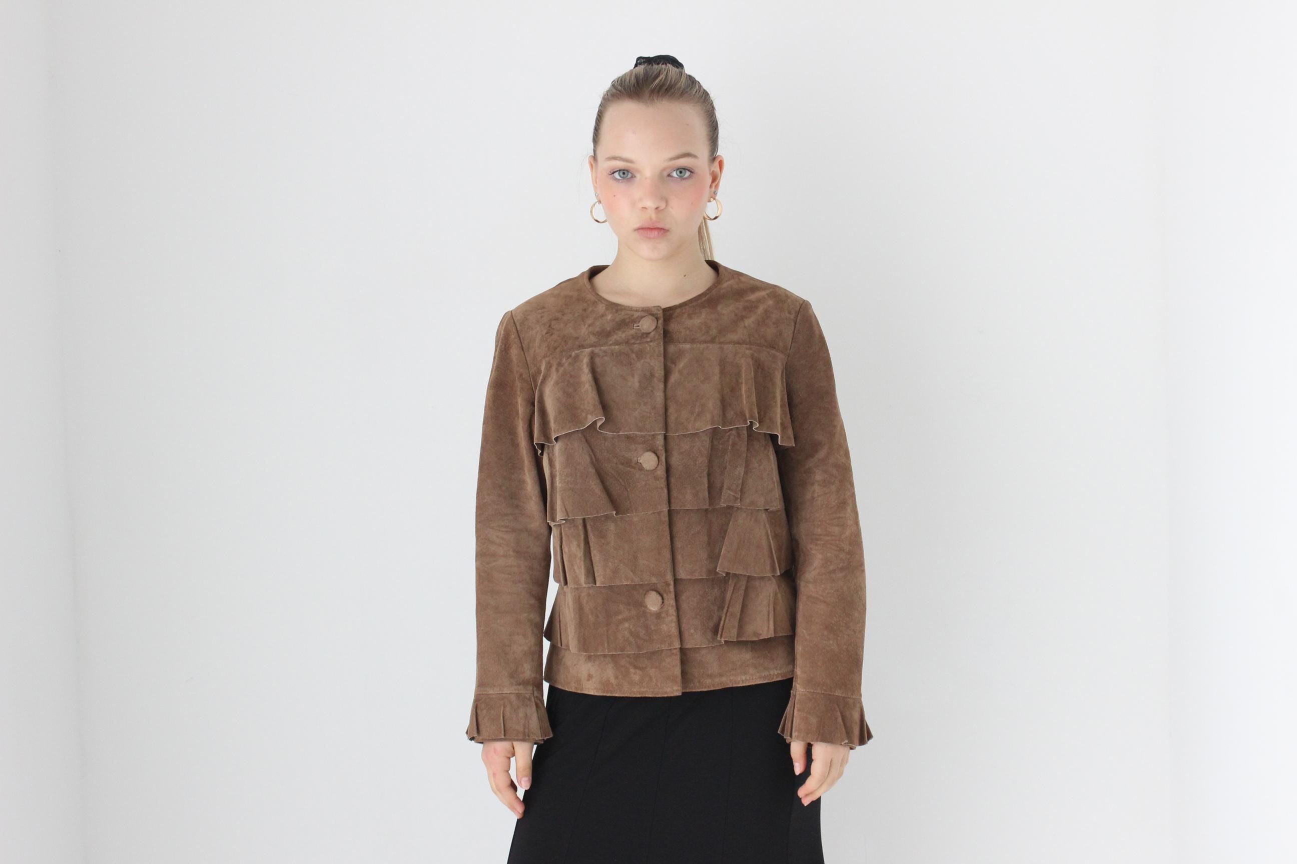 Y2K Caramel Suede Ruffle Front Collarless Leather Jacket