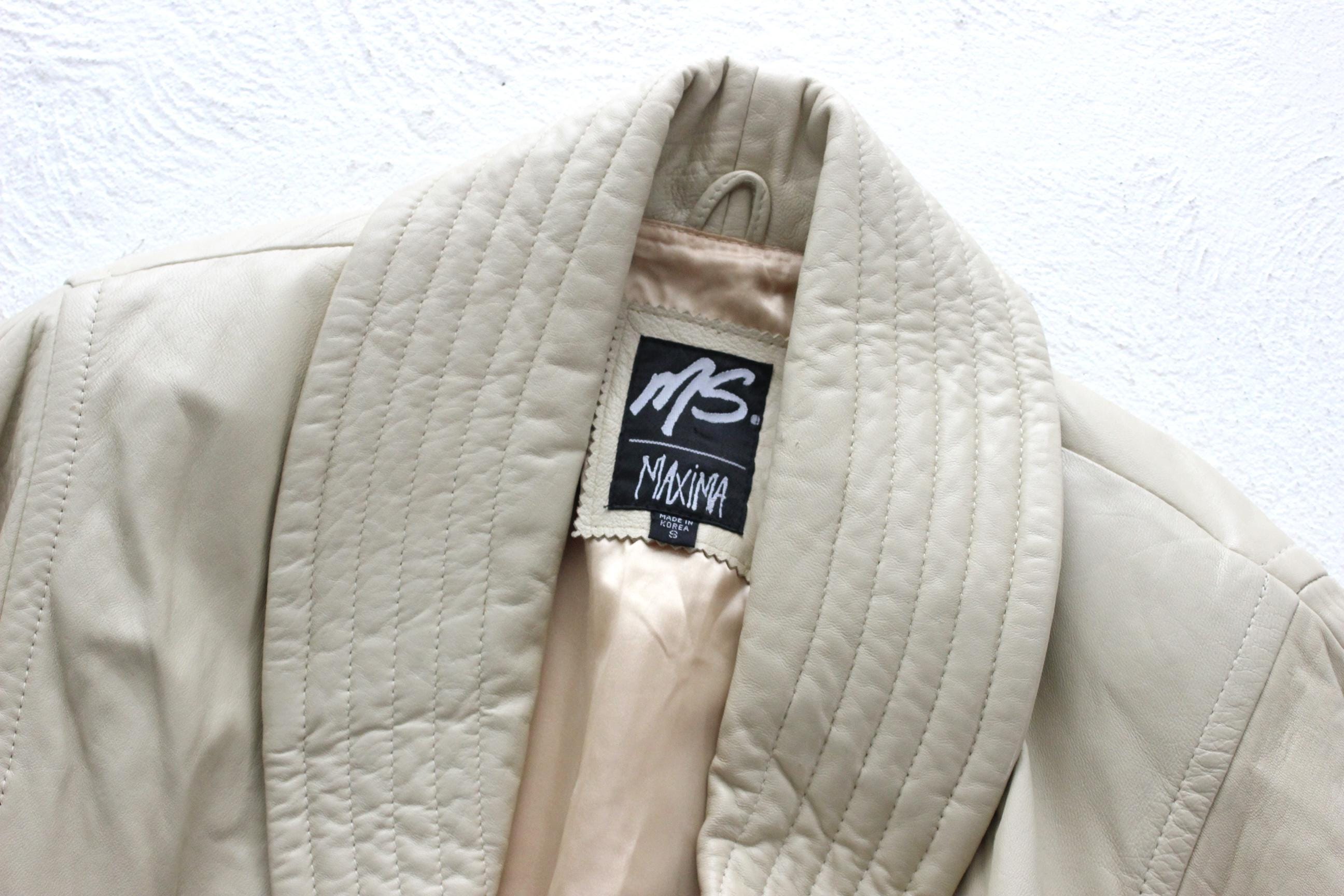 Chic 80s Leather Quilted Shawl Collar Ecru Coat by Maxima