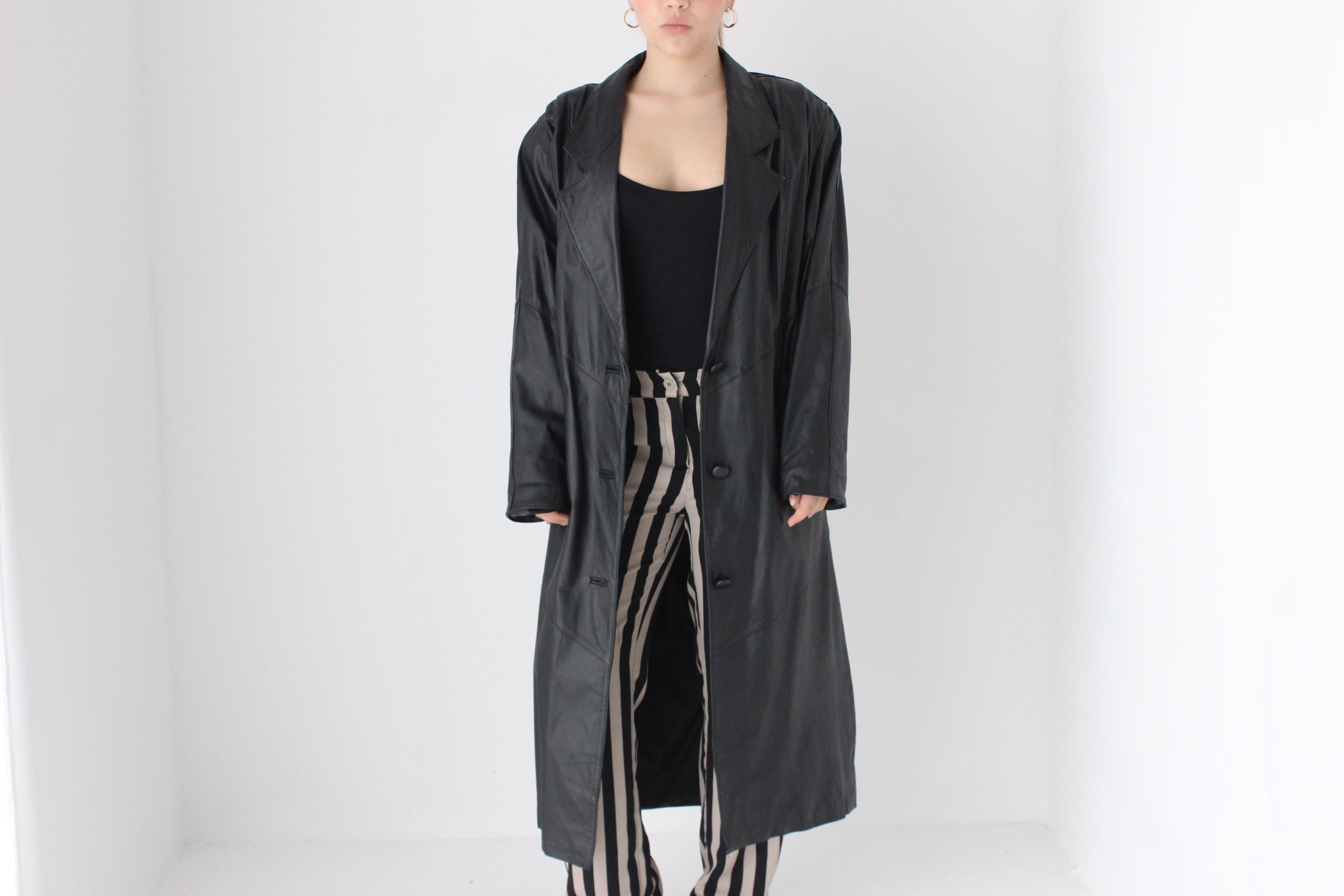 80s Minimal Black Leather Button Up Trench by Avanti
