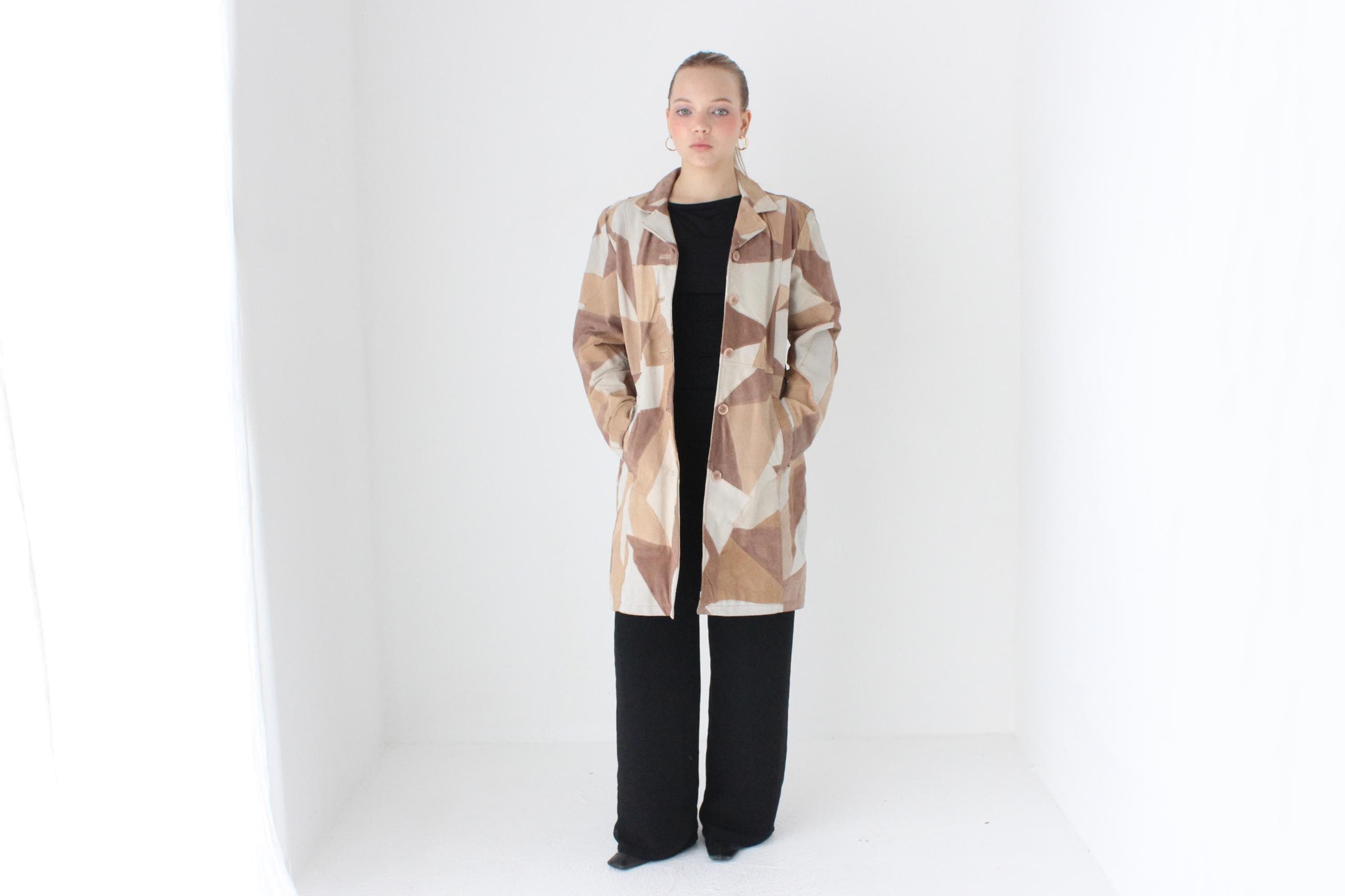90s Patchwork Suede Caramel Button Coat