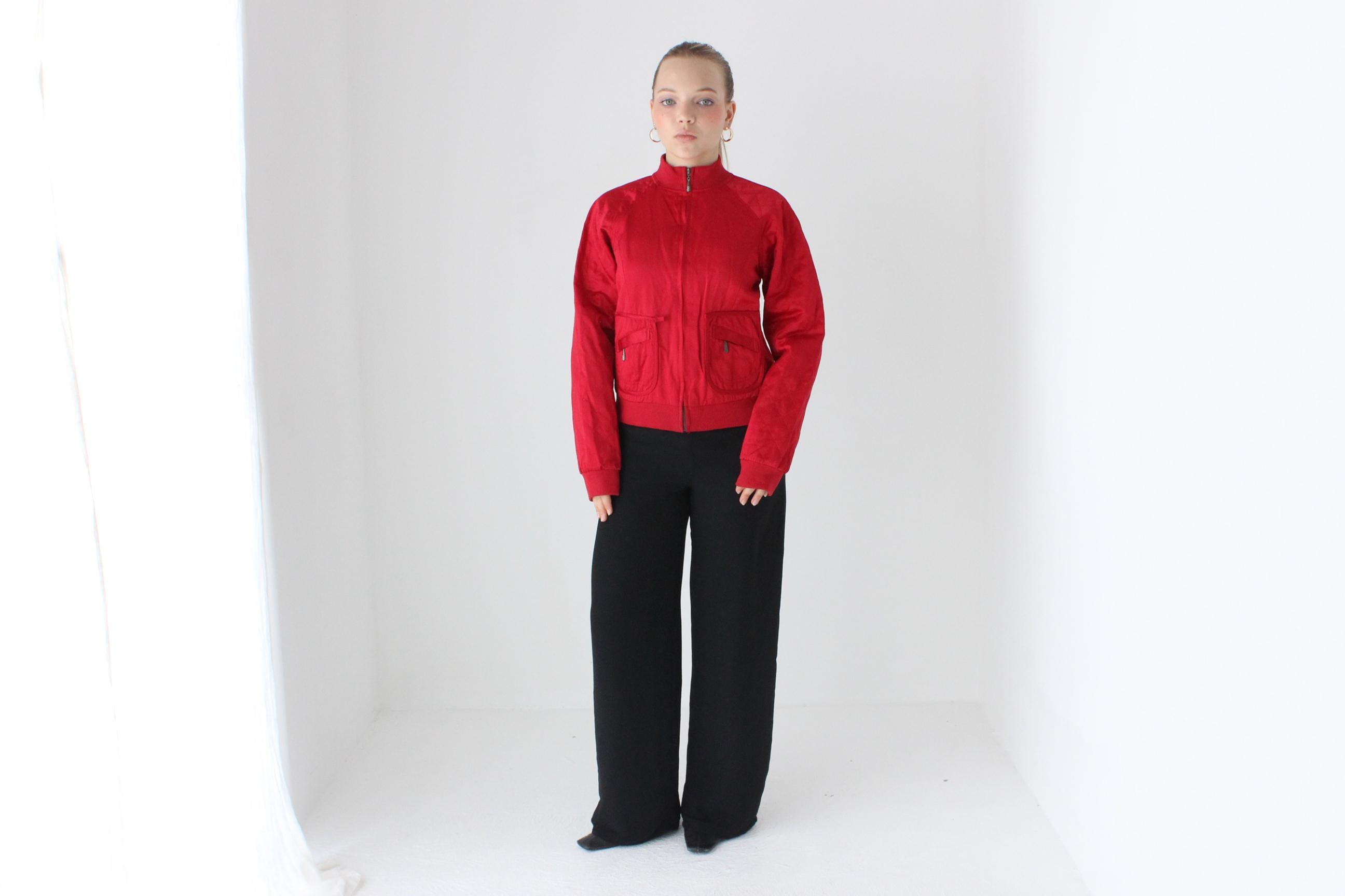 80s Bill Blass Red Satin Quilted Bomber
