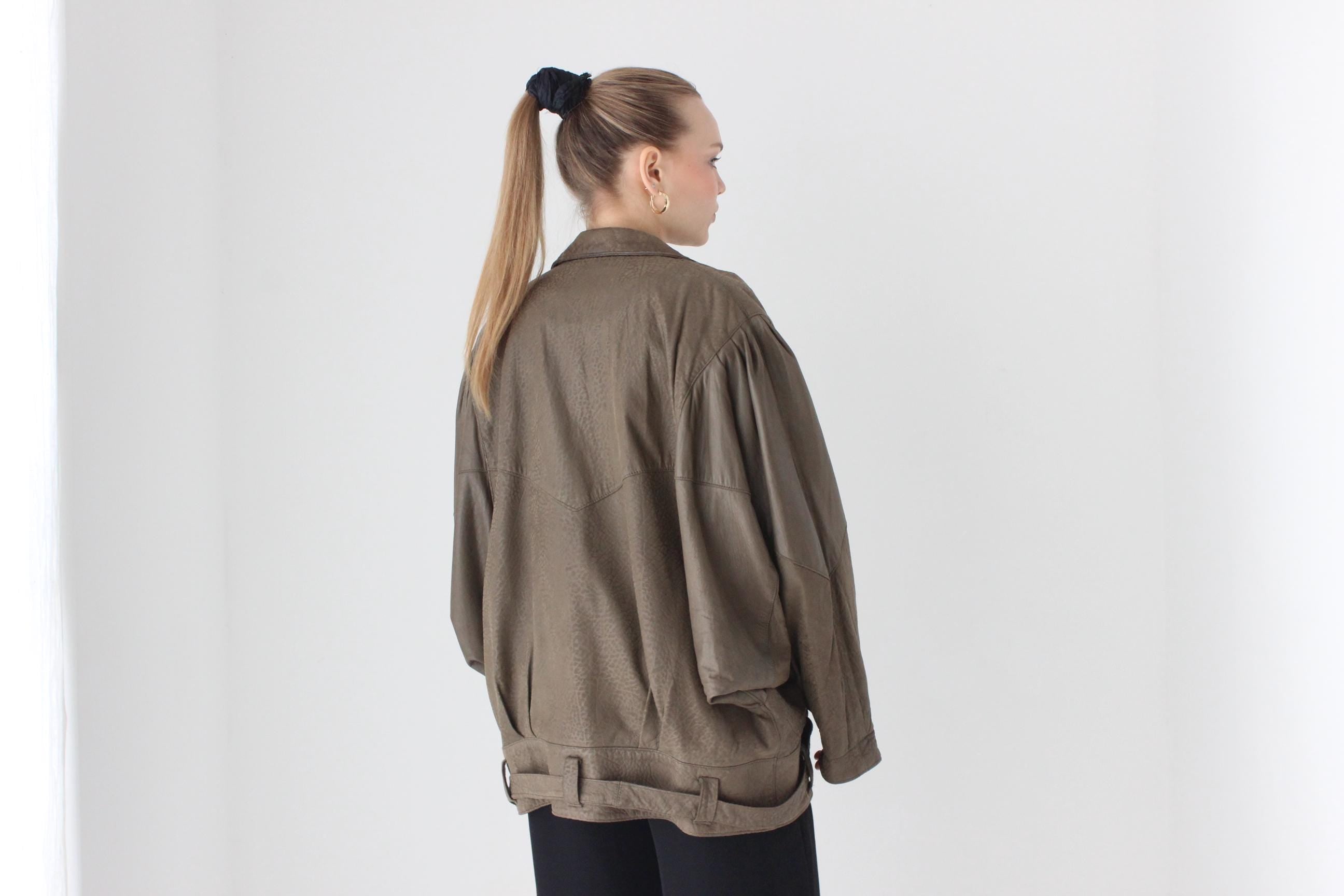 80s Softest Olive Leather Batwing Bomber