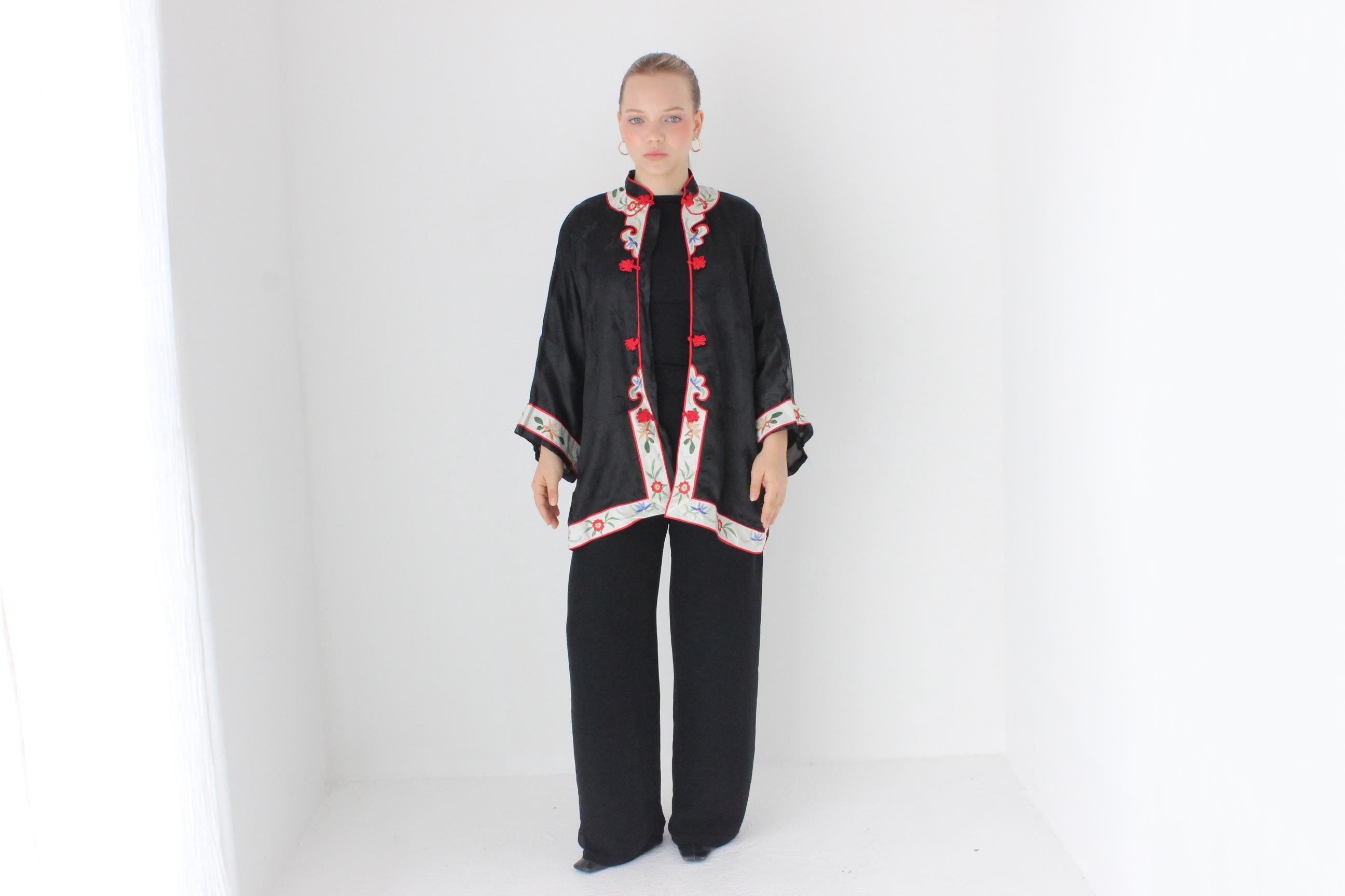 80s Chinese Intricate Embroidered Rayon Satin Robe