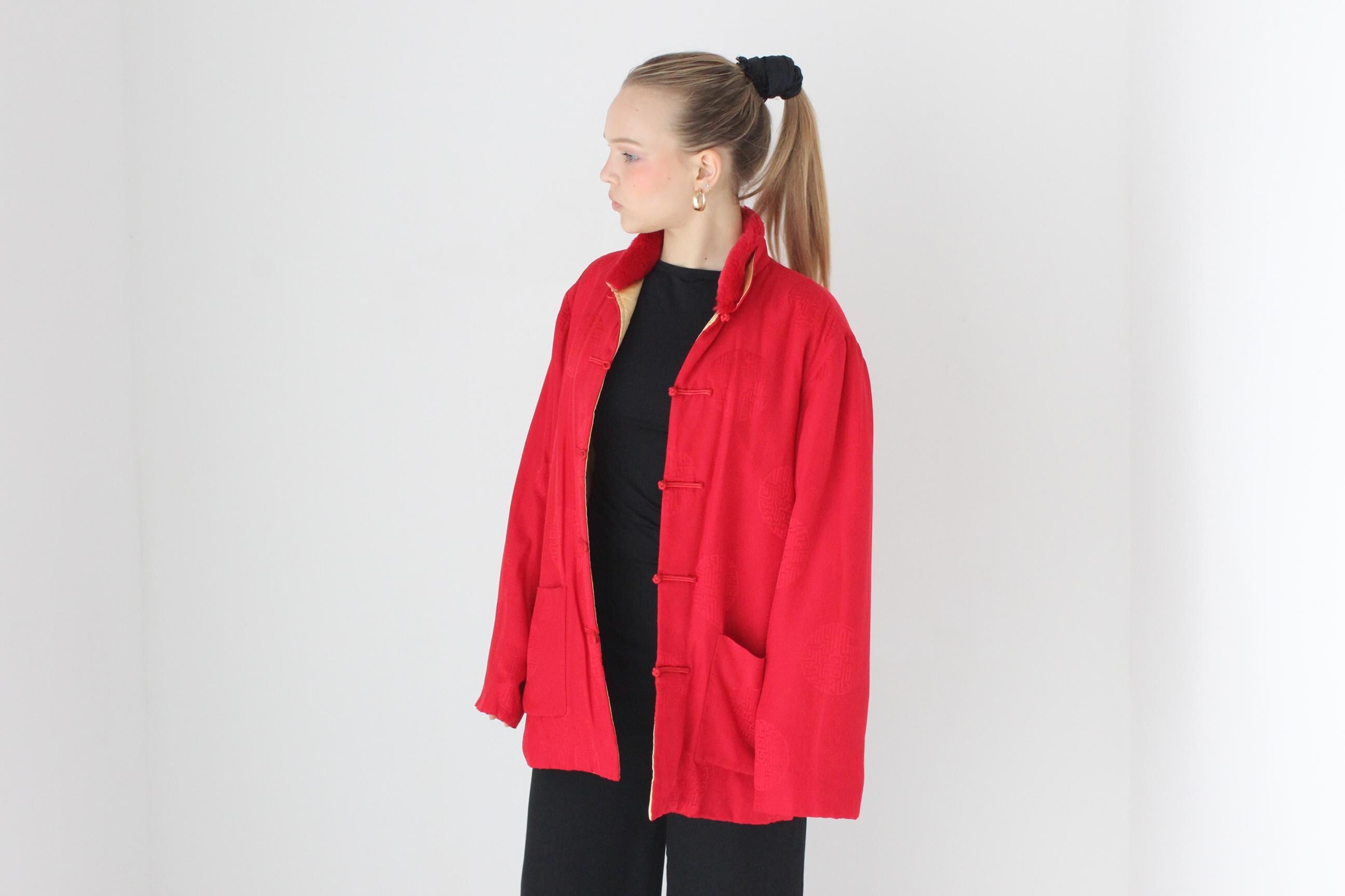 80s Red Pure Silk Mandarin Collar Quilted Bomber w/ Detachable Fur Collar
