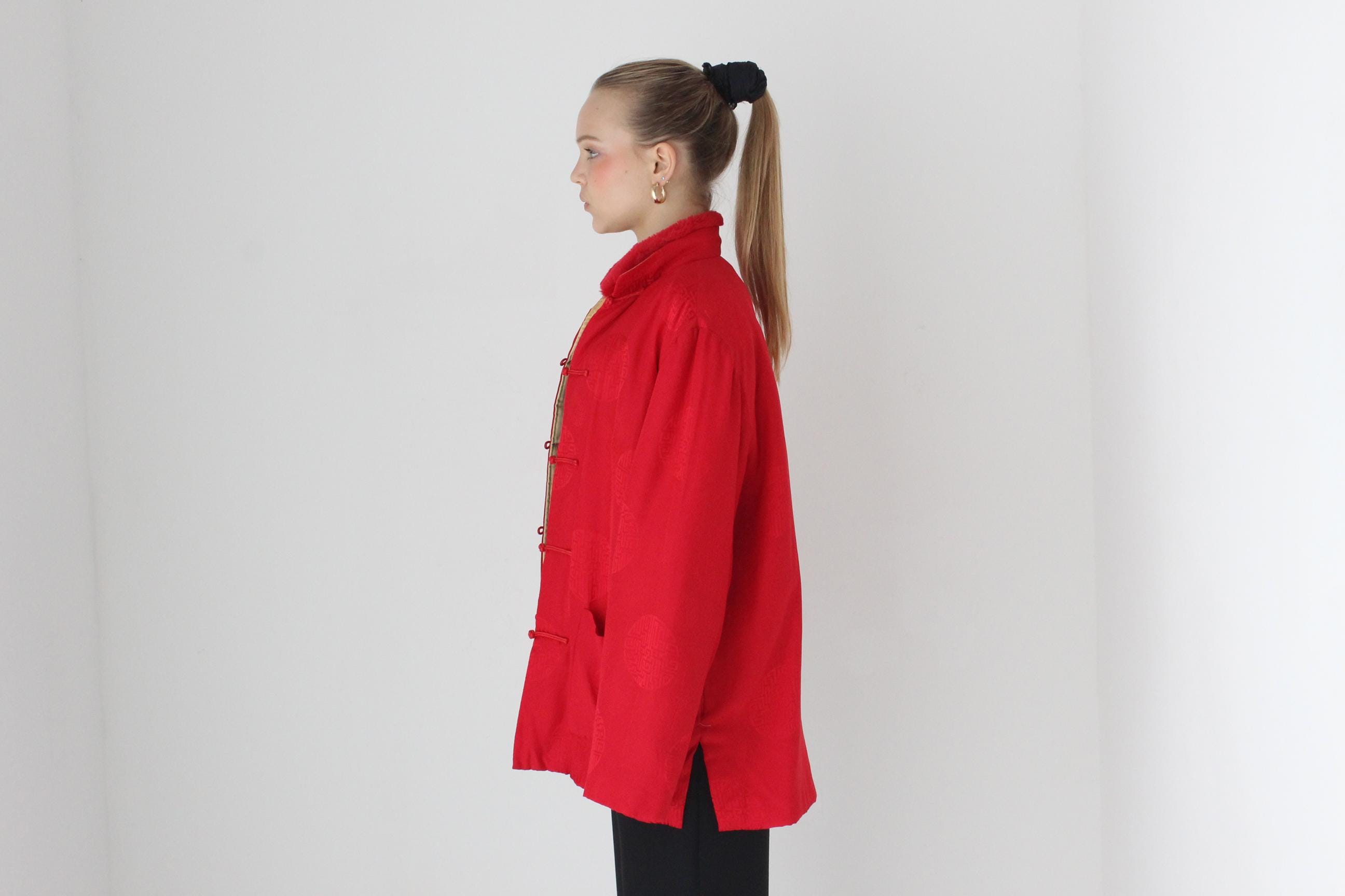 80s Red Pure Silk Mandarin Collar Quilted Bomber w/ Detachable Fur Collar