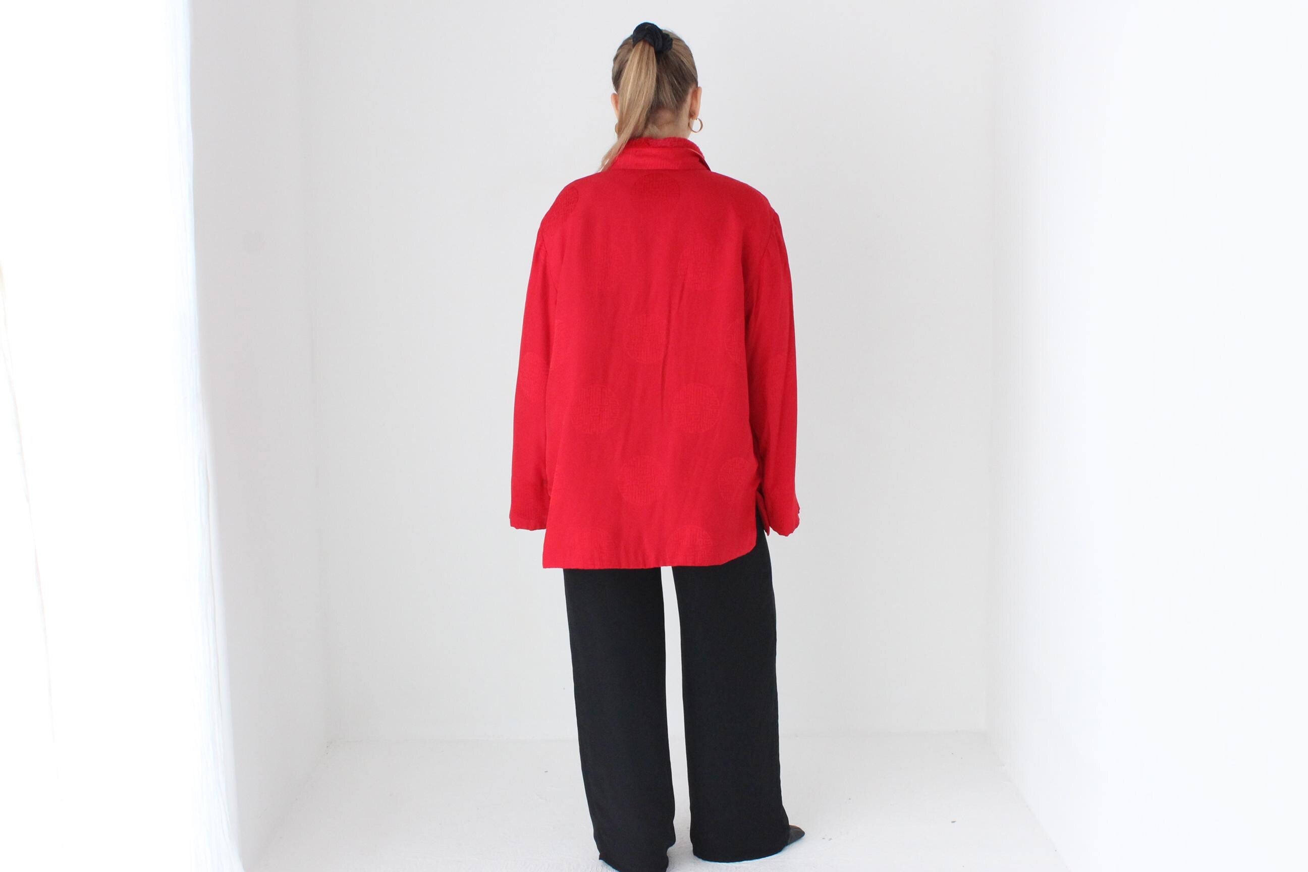 80s Red Pure Silk Mandarin Collar Quilted Bomber w/ Detachable Fur Collar
