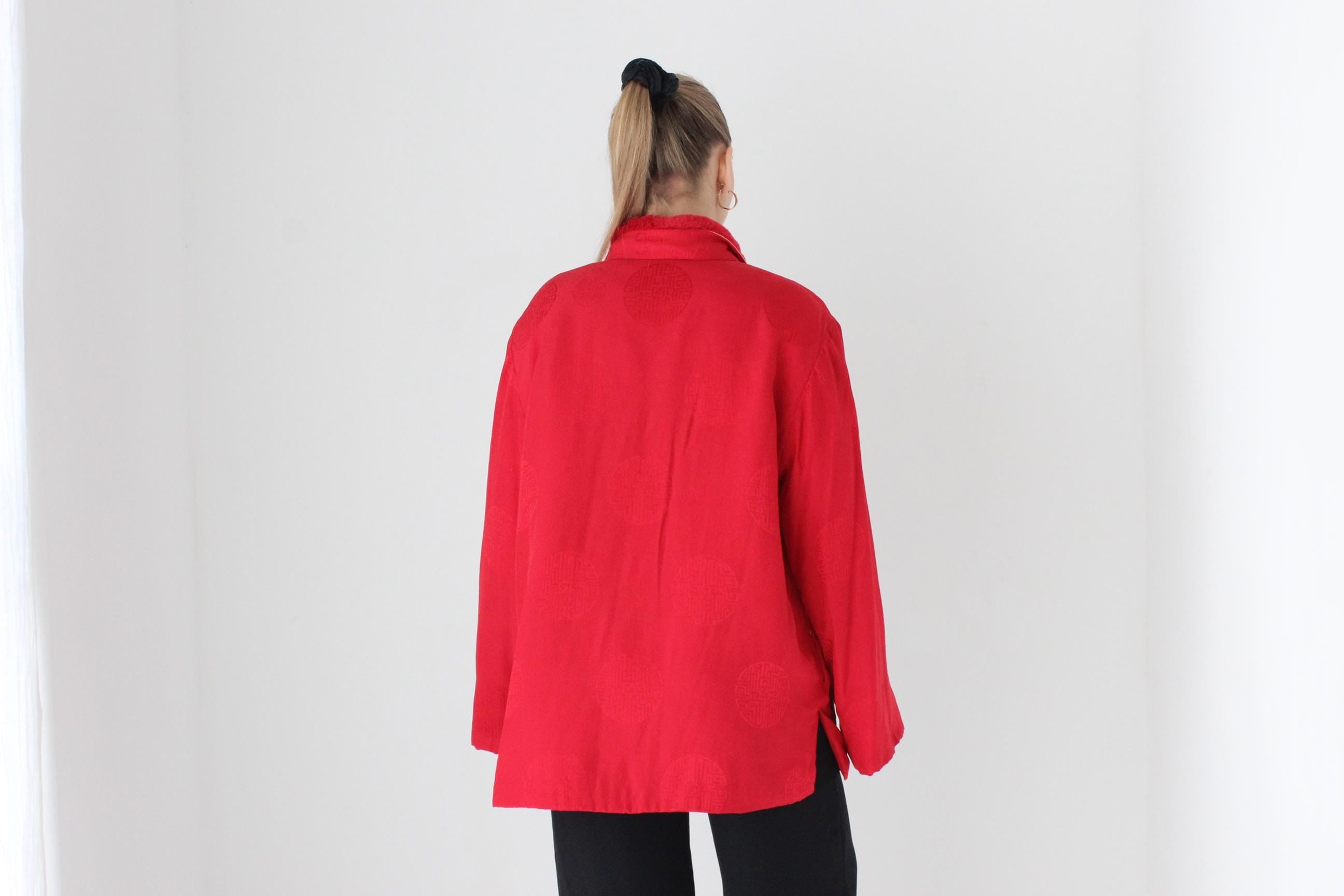 80s Red Pure Silk Mandarin Collar Quilted Bomber w/ Detachable Fur Collar
