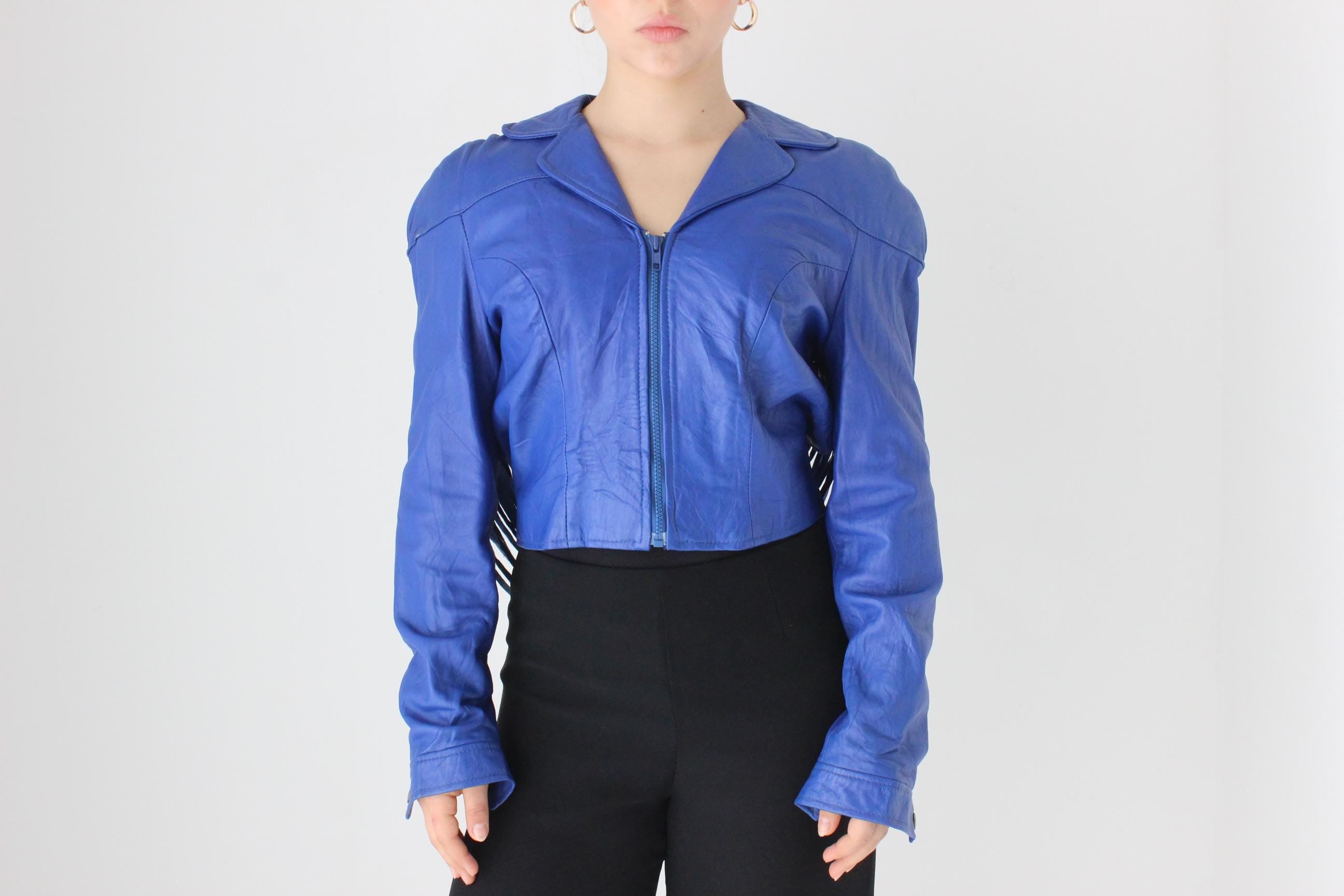 WOW 80s Cobalt Blue Leather Cropped Bomber w/ Cut Out Back & Fringe