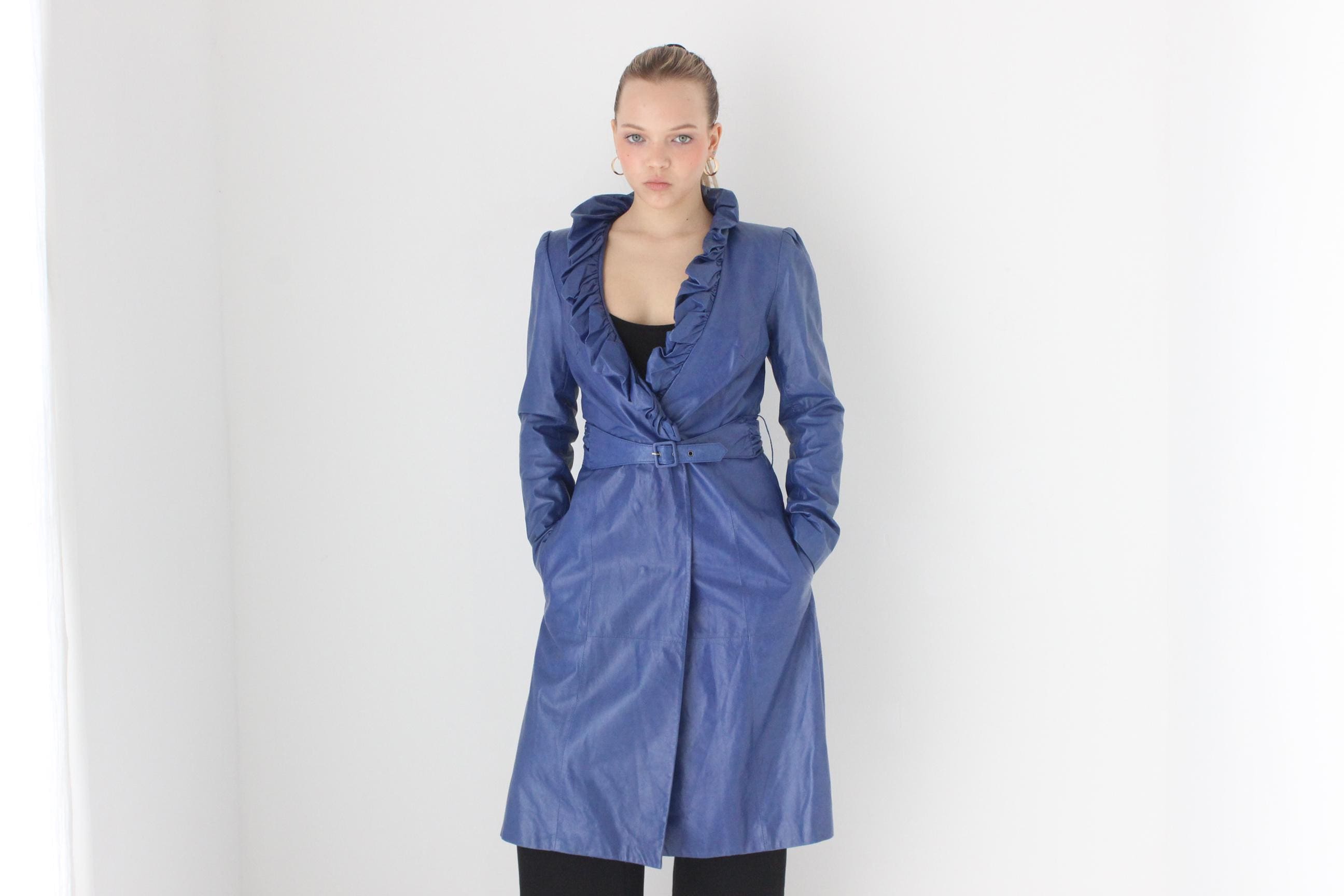 Sassy Y2K Blue Leather Ruffle Collar Belted Trench